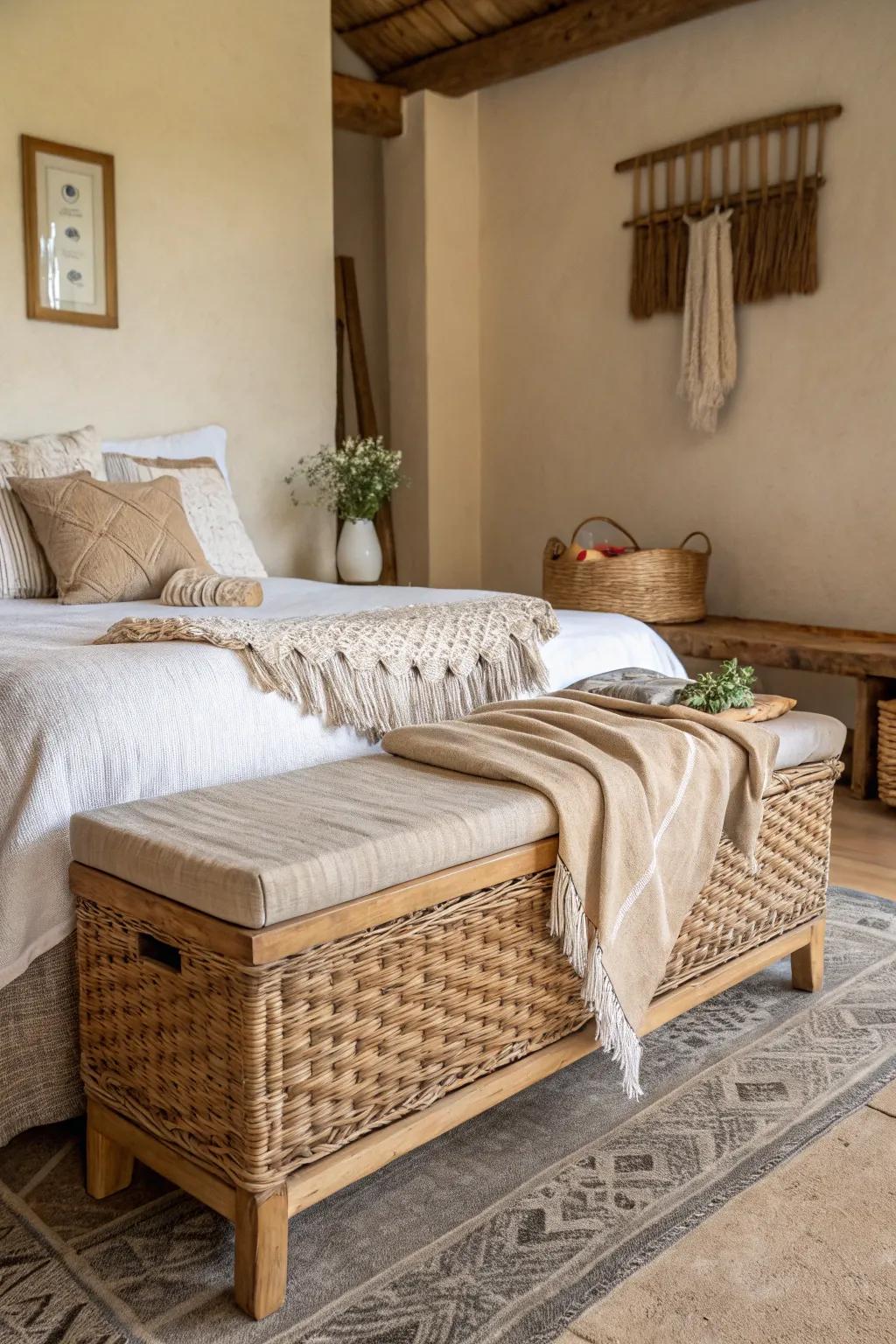 Wicker benches offer texture and an organic vibe to your bedroom.
