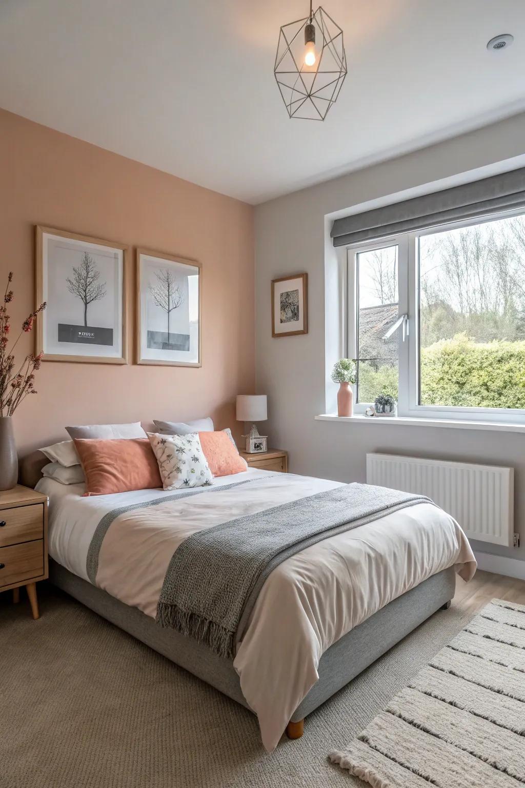 Achieve playful sophistication with peach and gray.