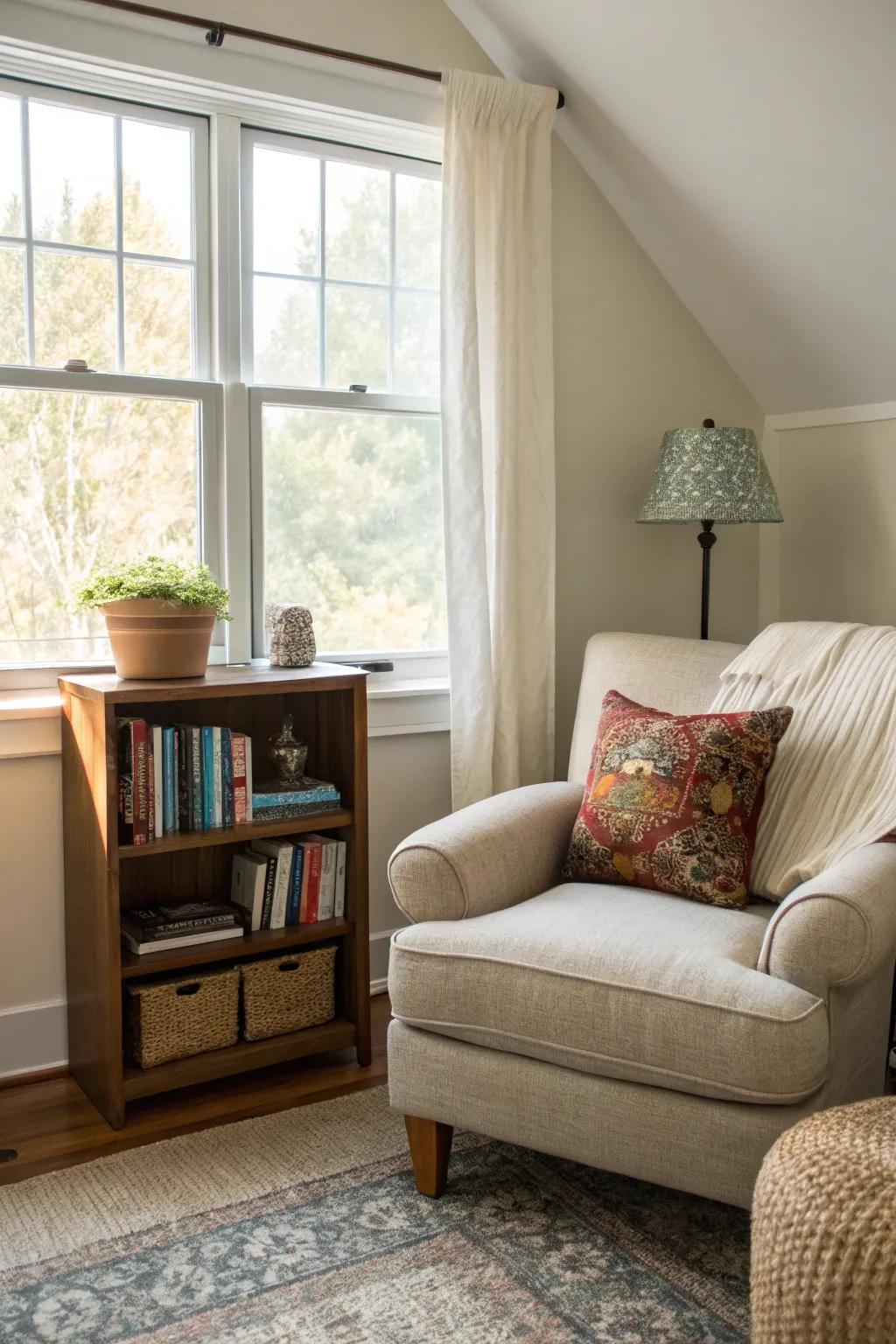 A reading nook offers a personal retreat inside the bedroom.