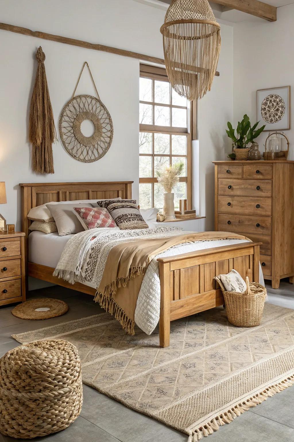 Natural compositions introduce warmth and texture to this bedroom.