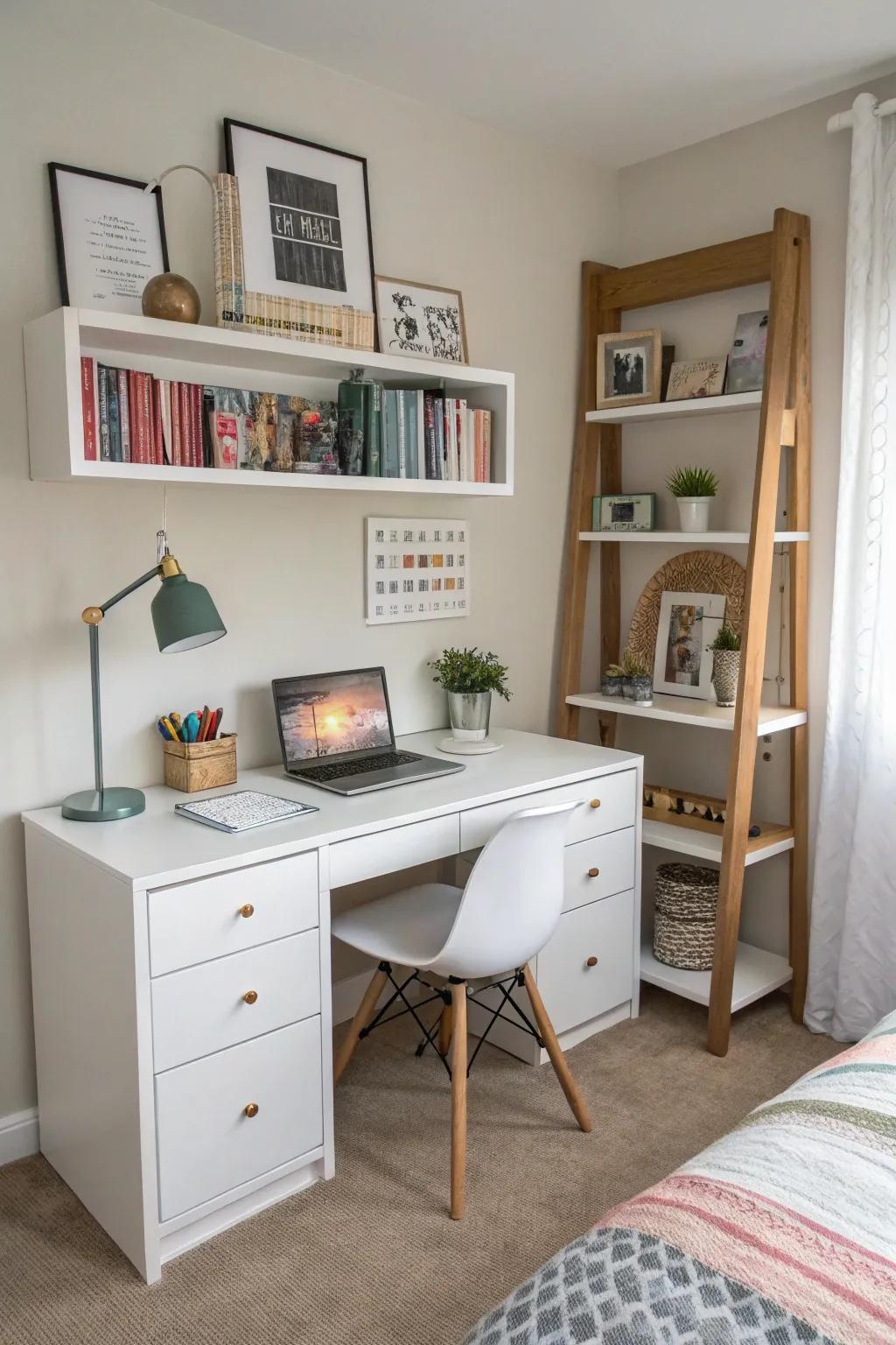Combine desk and shelving to make the most of vertical space.