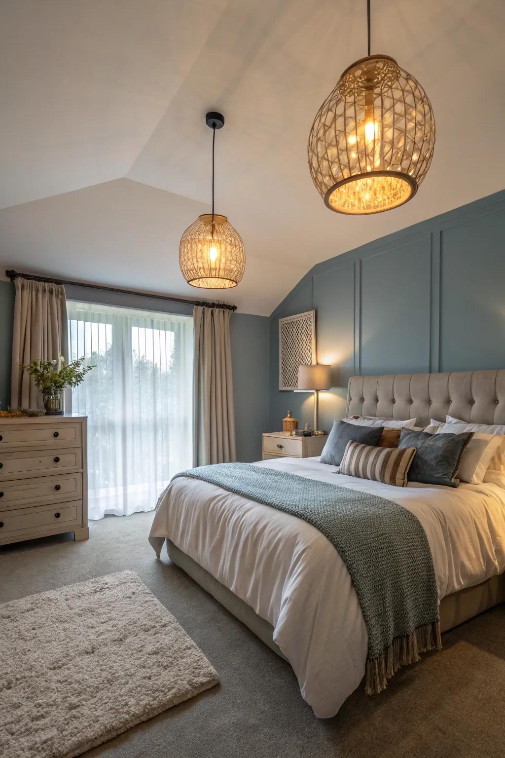 Extensive pendants add dramatic flair to the bedside.