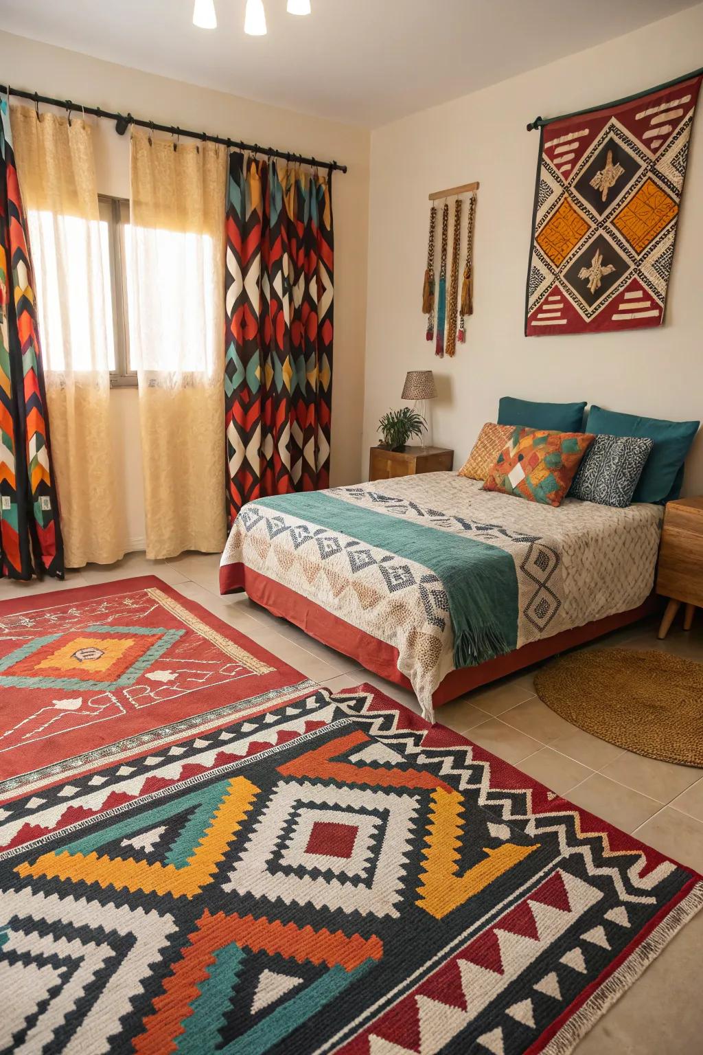 Strong designs add a playful, dynamic element to the sleeping area.