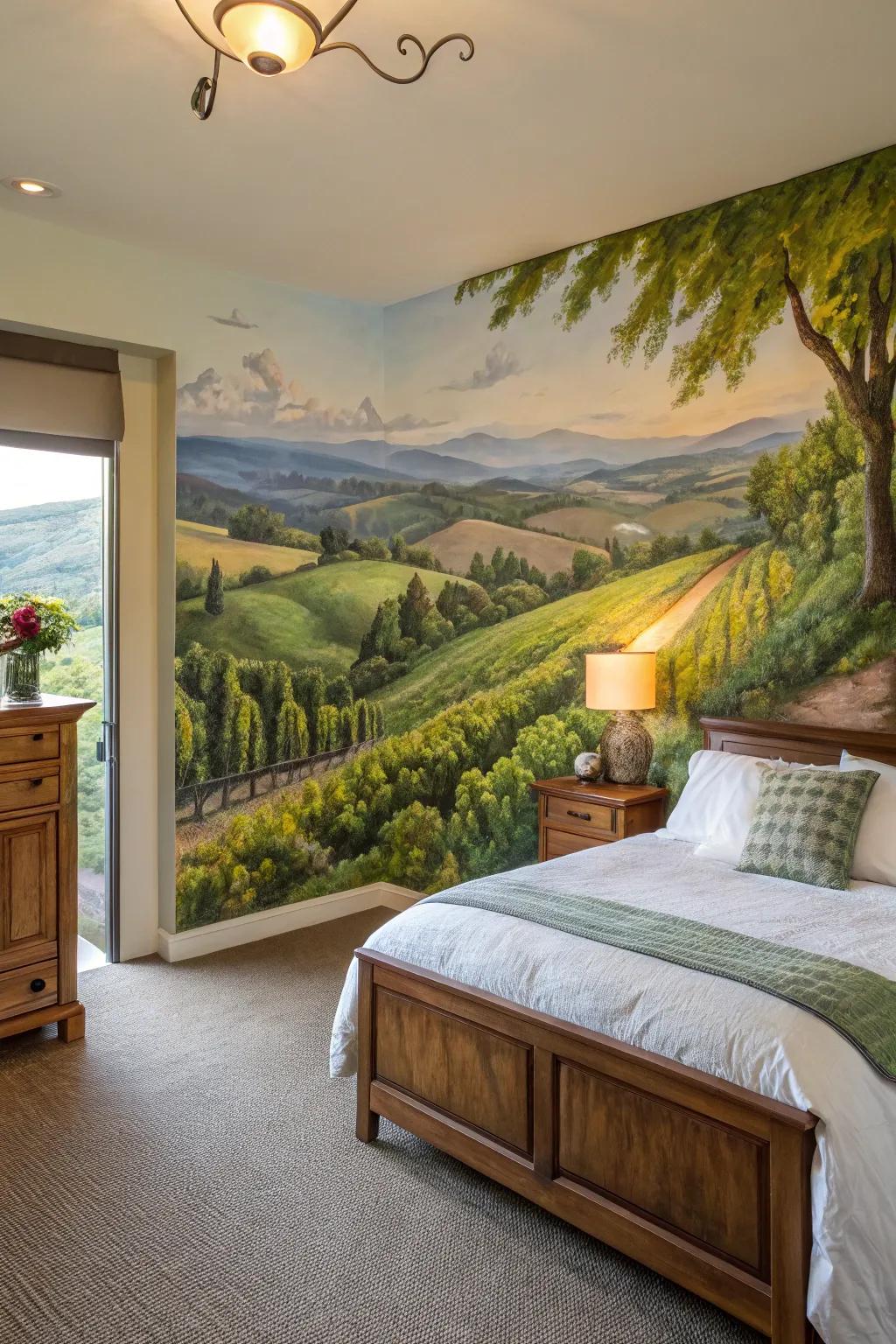 A hand-painted wall decor transforms a bedroom wall into a distinctive artistic masterpiece.