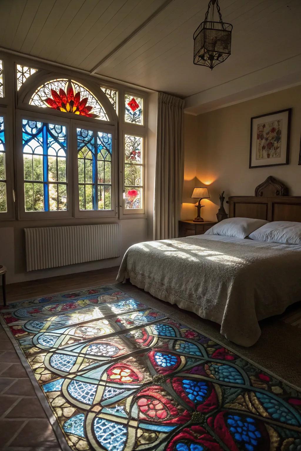 Stained glass windows introduce an artistic burst of color and light.