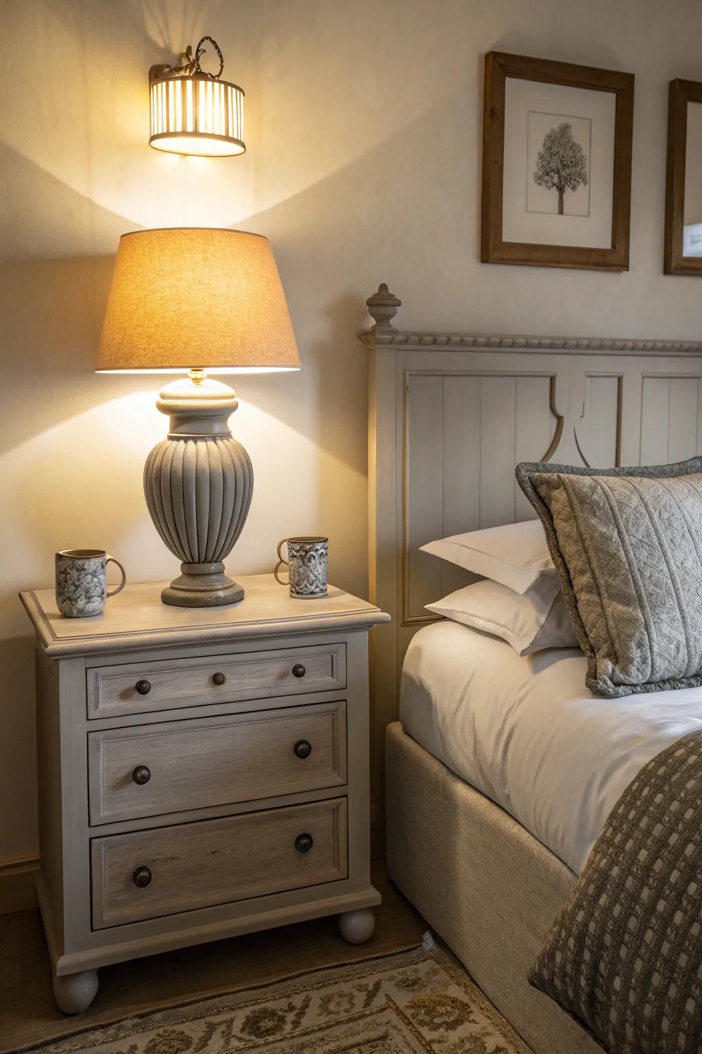 Gray lamps adding layered lighting to the room.