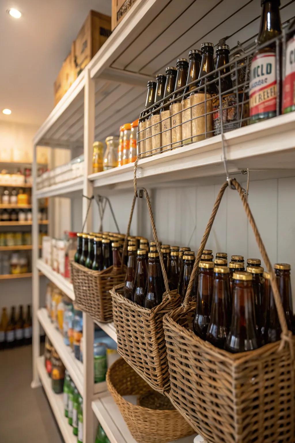 Storage space with hanging containers putting away ale bottles in an eccentric manner.