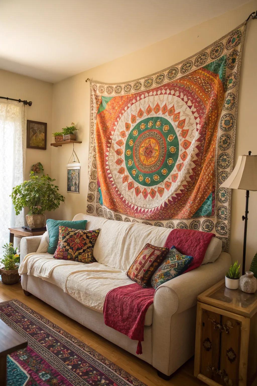 Tapestries add artistic flair and pattern.