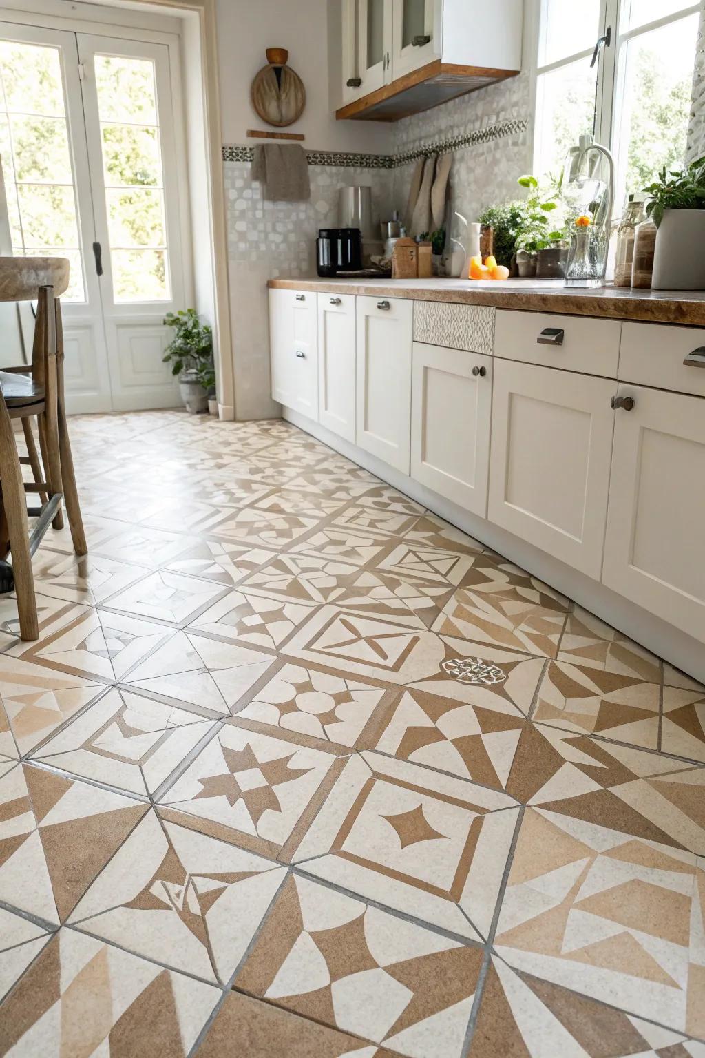 Geometric tiles infuse a modern, unique flair to the kitchen.
