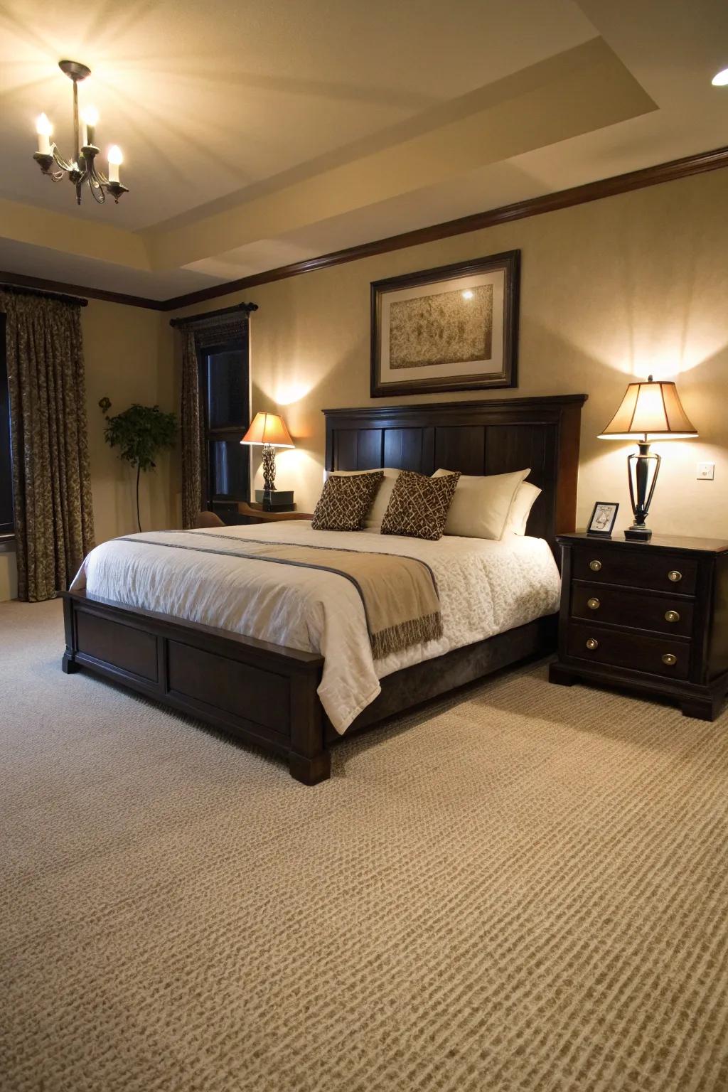 Dark details introduce depth and sophistication to this bedroom featuring a beige carpet.