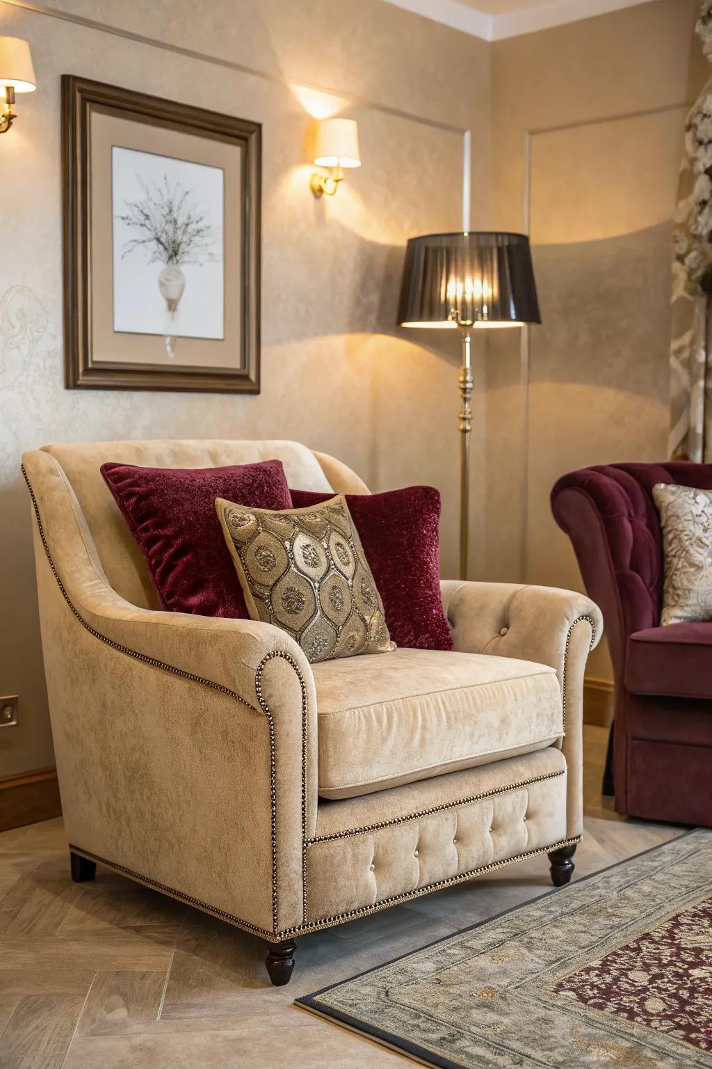 Velvet elements enhance the room's luxury and comfort.