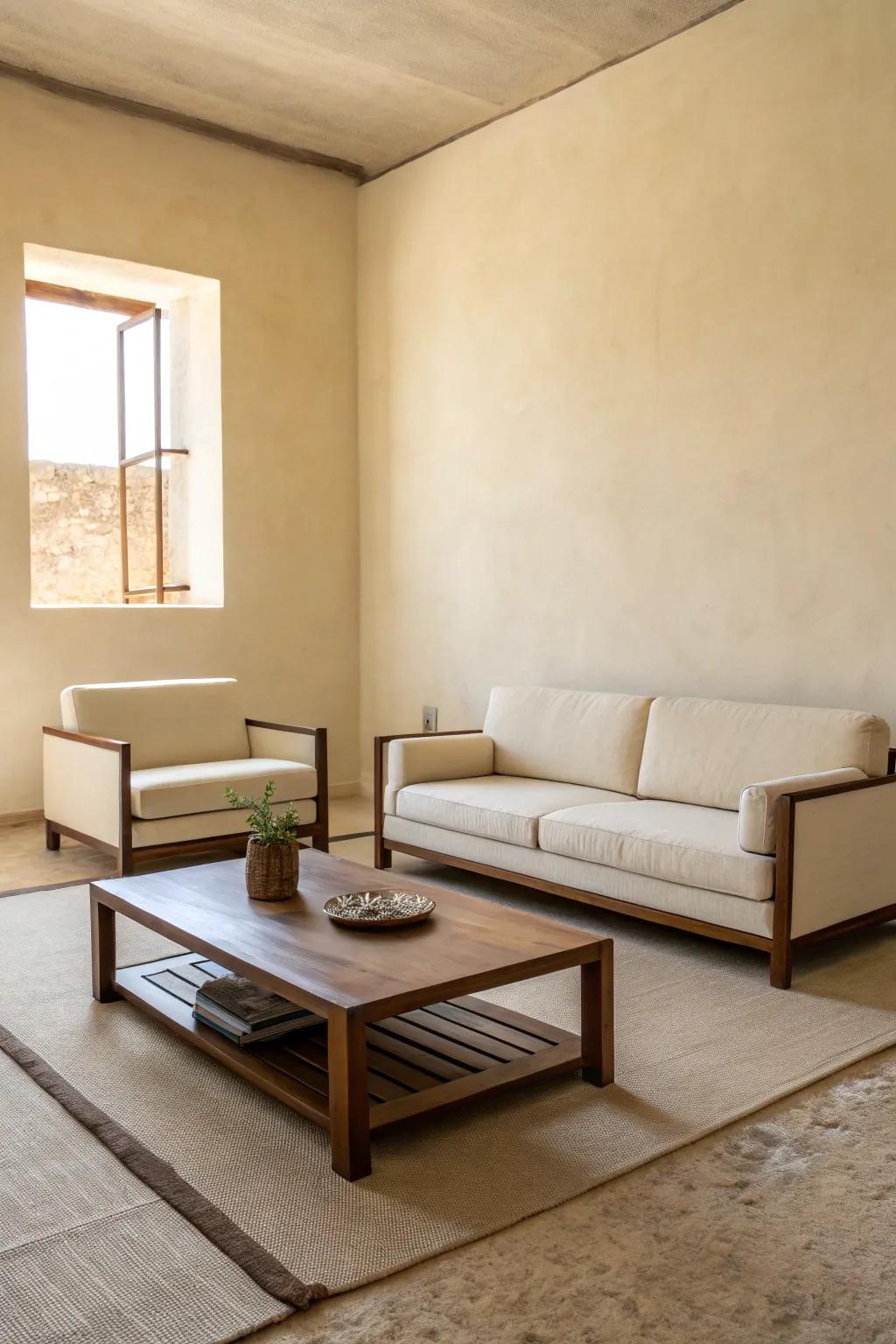 This beige interior is complemented by the minimalist furnishings, enhancing the modern aesthetic.