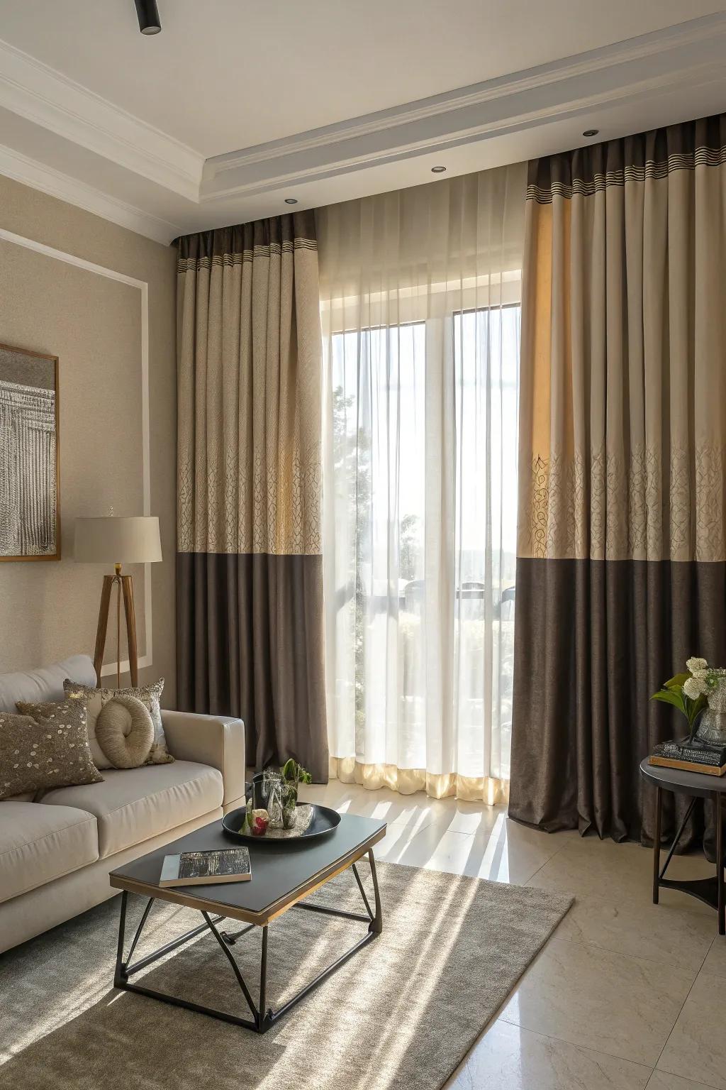 Two-tone window coverings add a dynamic and artistic touch.