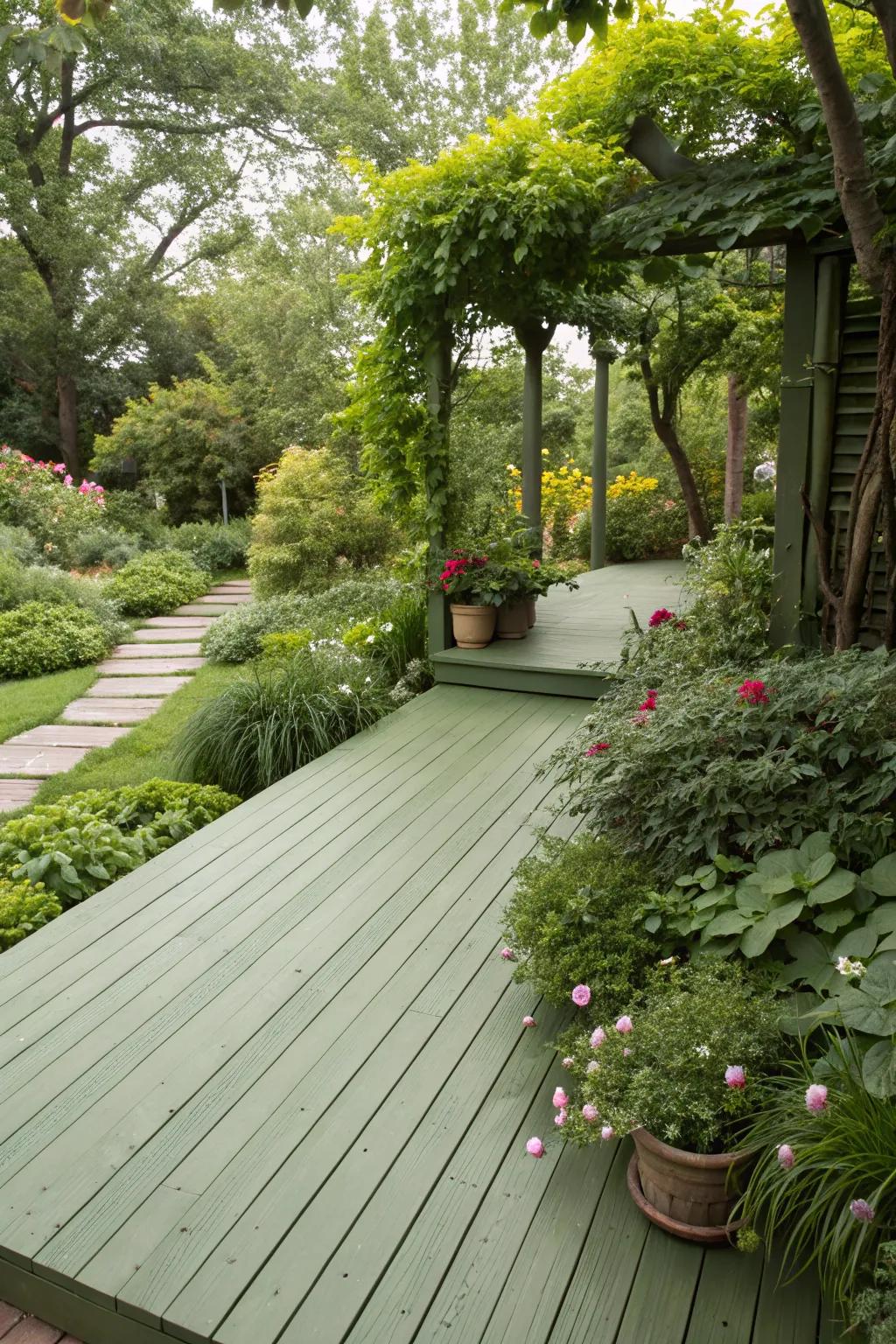 Moss tone decks seamlessly blend with garden landscapes.