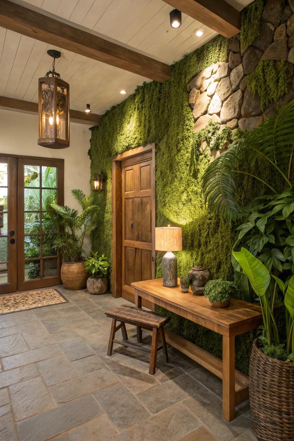 An appealing entranceway with earthy hearthside green walls.