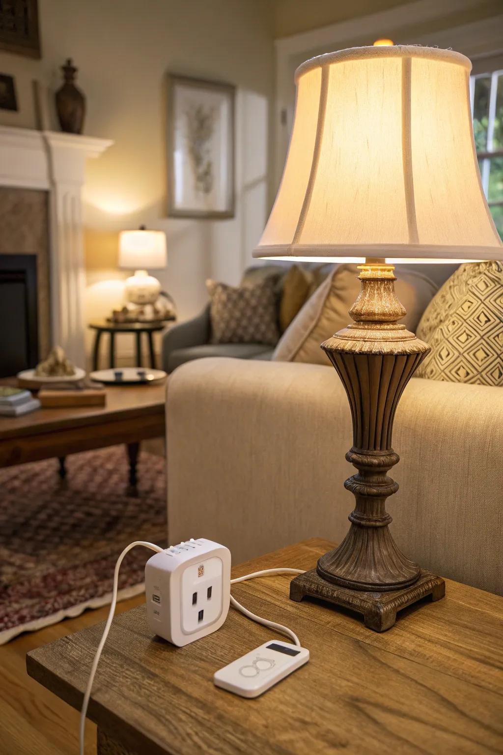 An intelligent plug provides remote control to a designer lamp, seamlessly integrating into the living space.