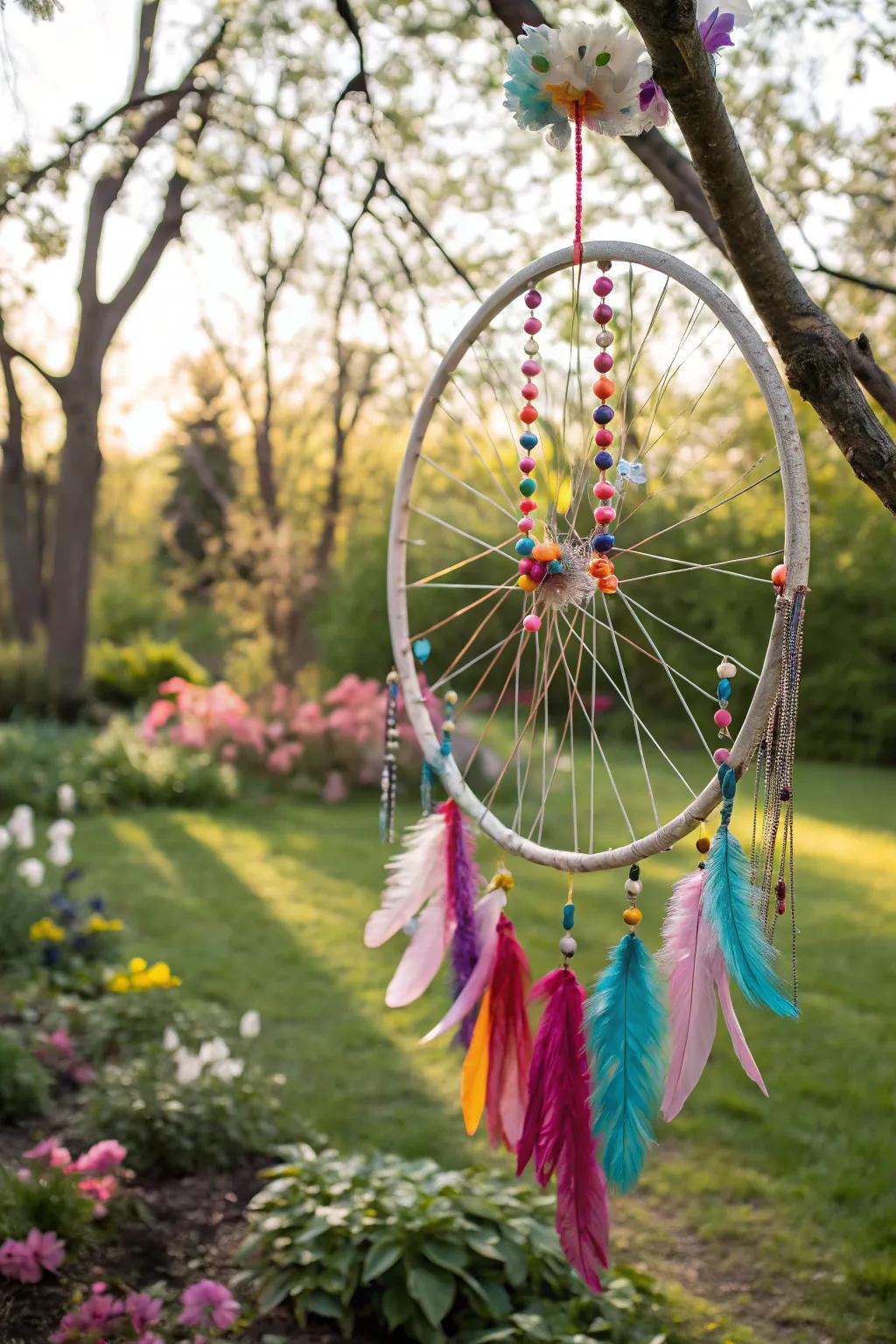 A bohemian bicycle wheel wreath with feathers and beads for a free-spirited look.