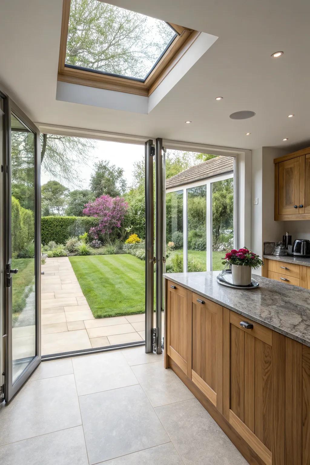 An angle folding door setup offers breathtaking wide-ranging vistas.