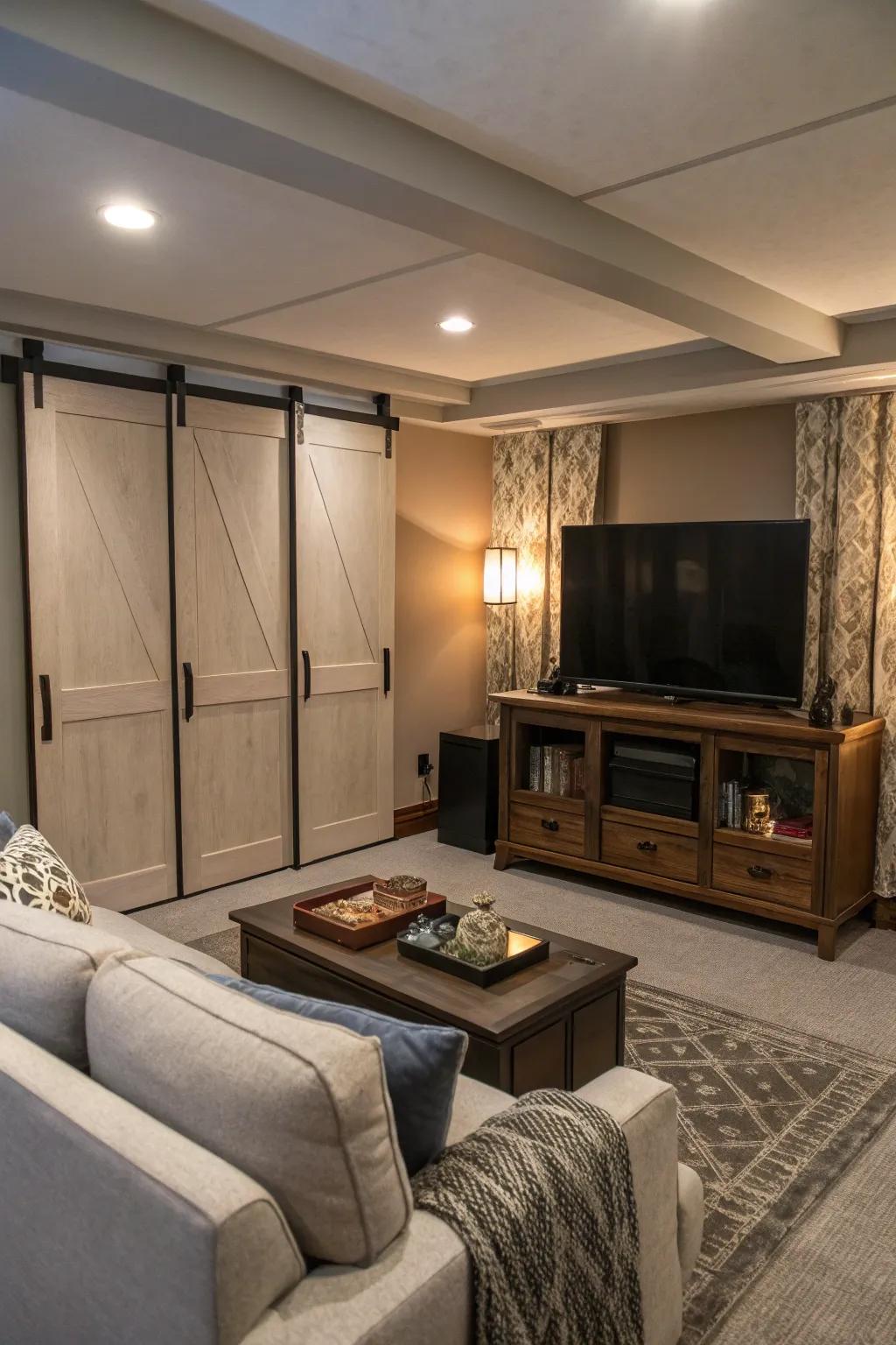 A hidden TV maintains a clean and uncluttered look in the room.