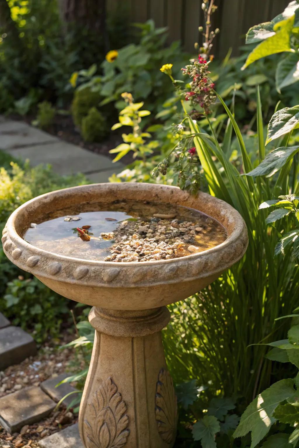 A ceramic bird bath feeder offering both water and nourishment to garden birds.