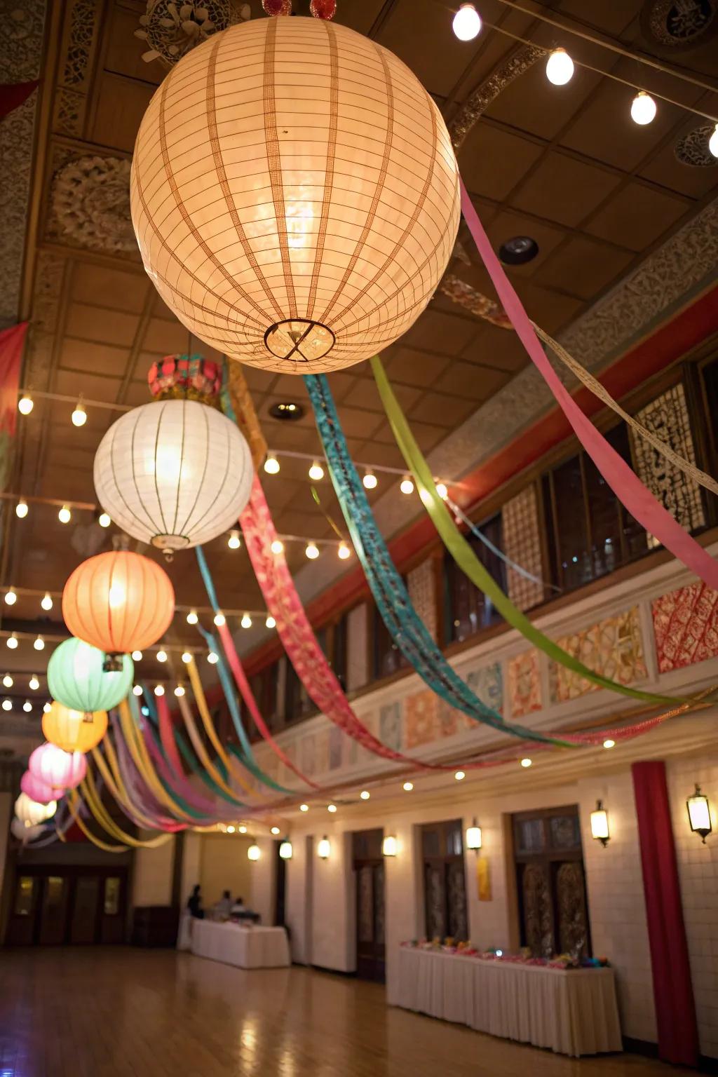 Surprise ceiling decorations create a vibrant party atmosphere.