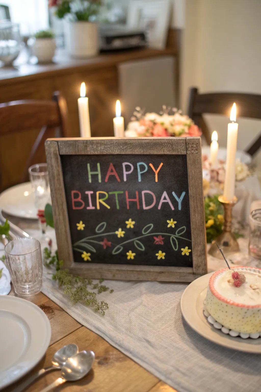 A stylish chalkboard centerpiece adds a personal touch to the celebration.