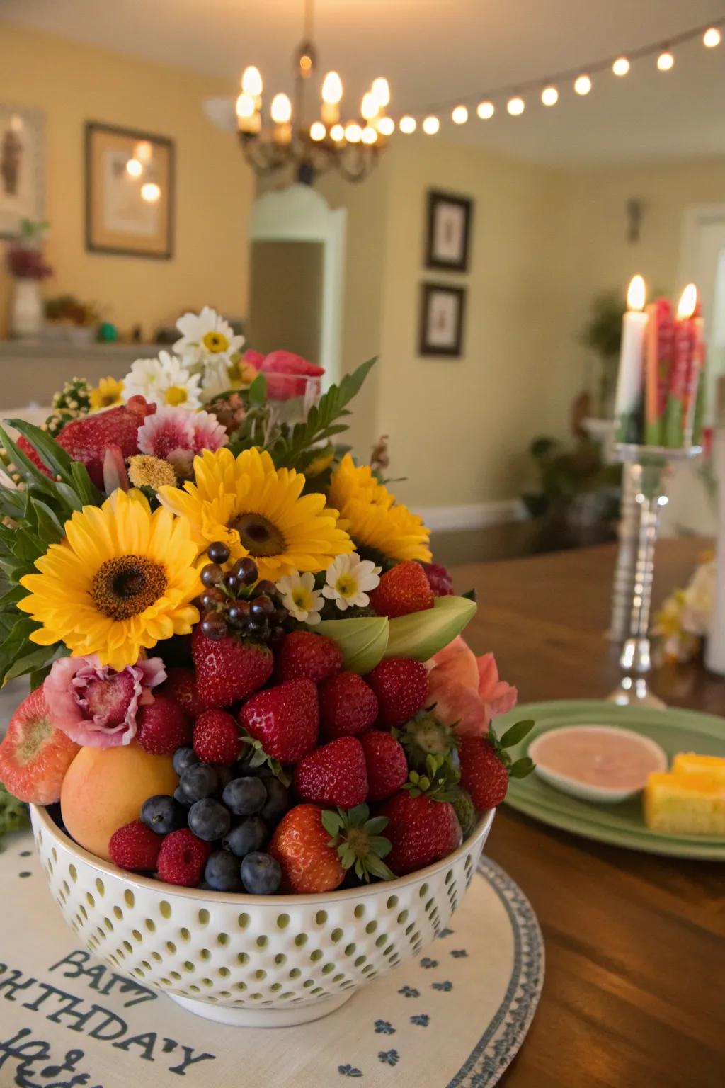 The combination of fruits and florals creates a fresh and vibrant centerpiece.