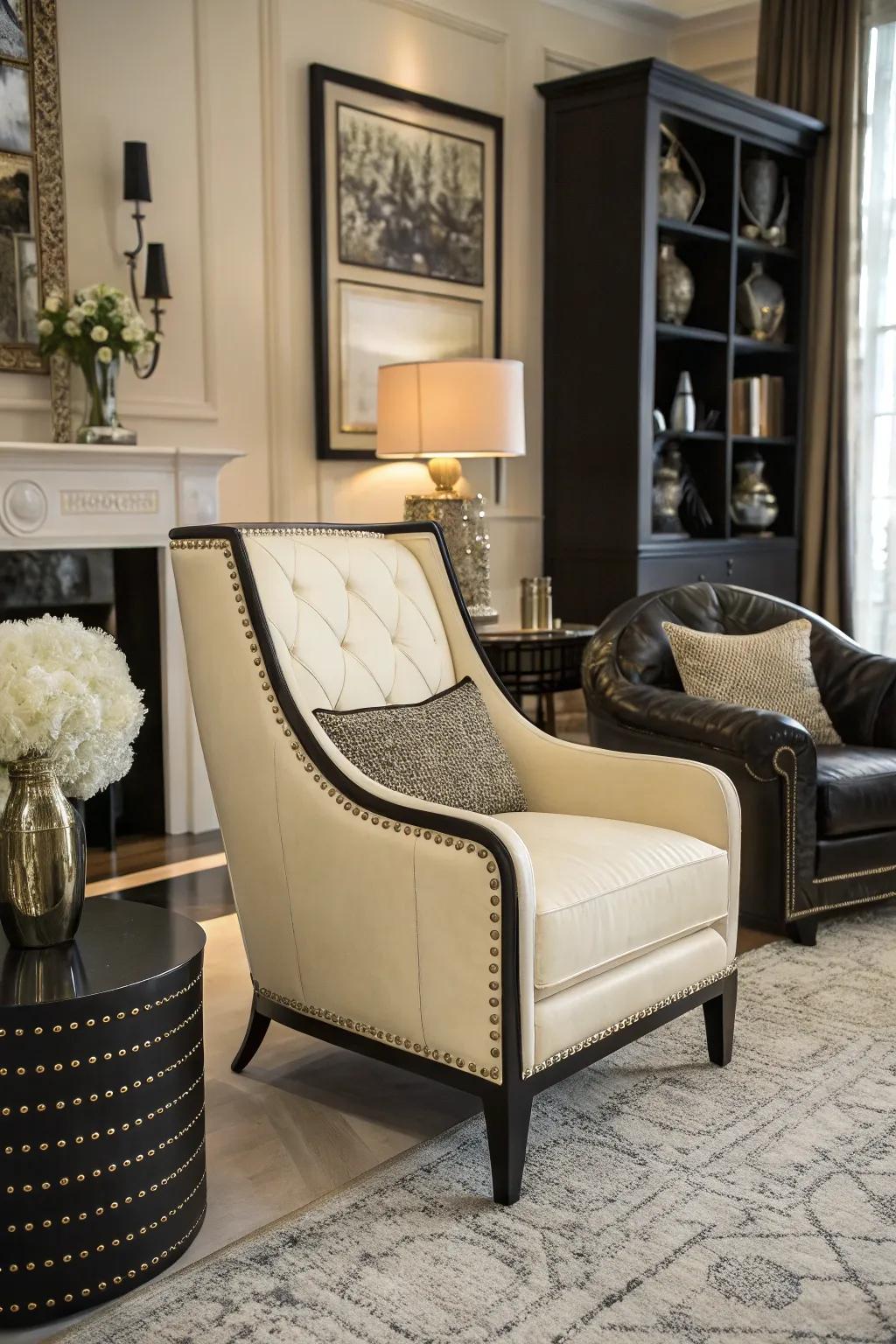 A uniquely designed ivory armchair introduces a stylish focal point to the room.