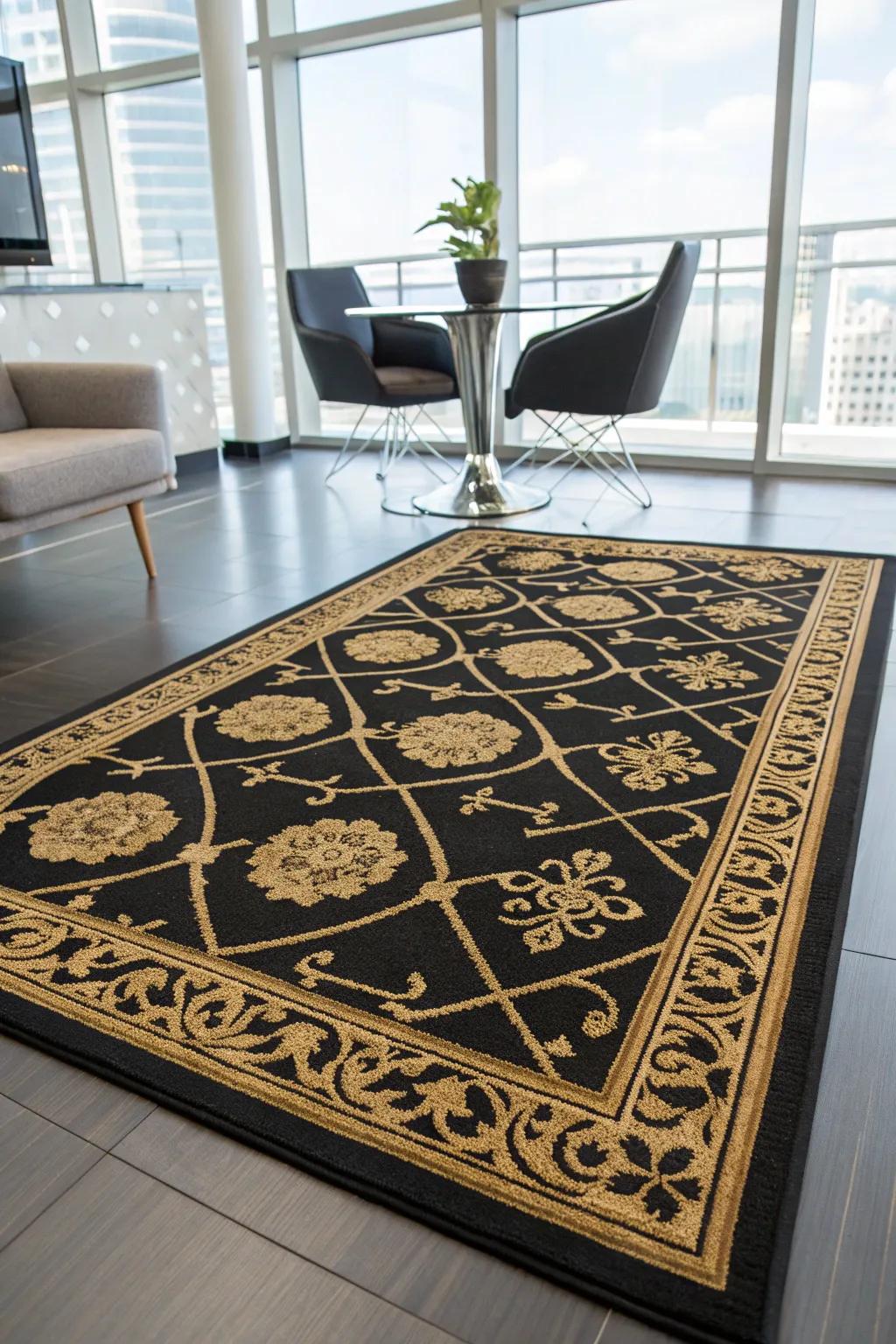 An ebony and gilded rug imparts warmth and style to your office décor.