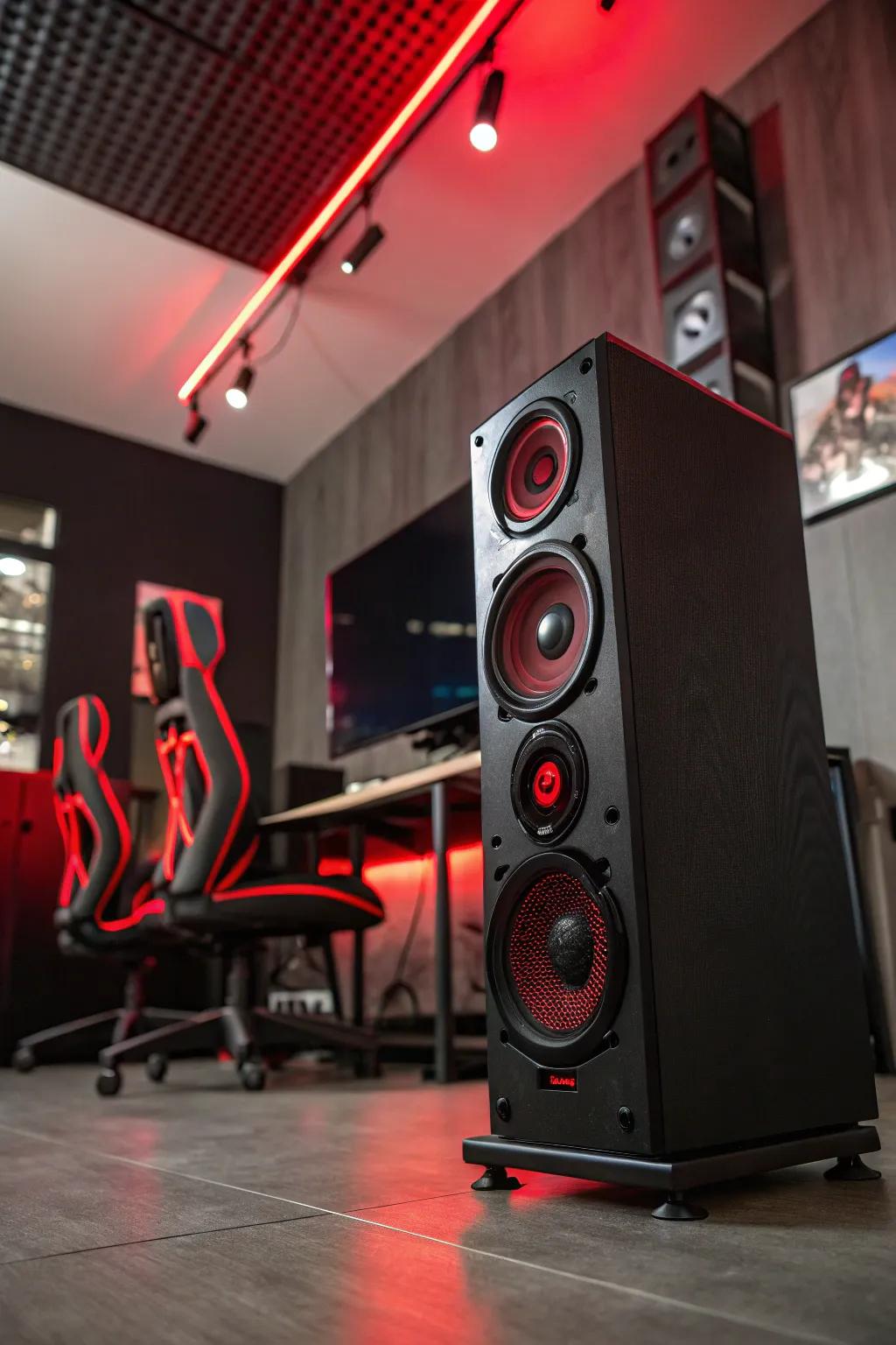 A sound system with red accent lighting delivers immersive audio for gaming.