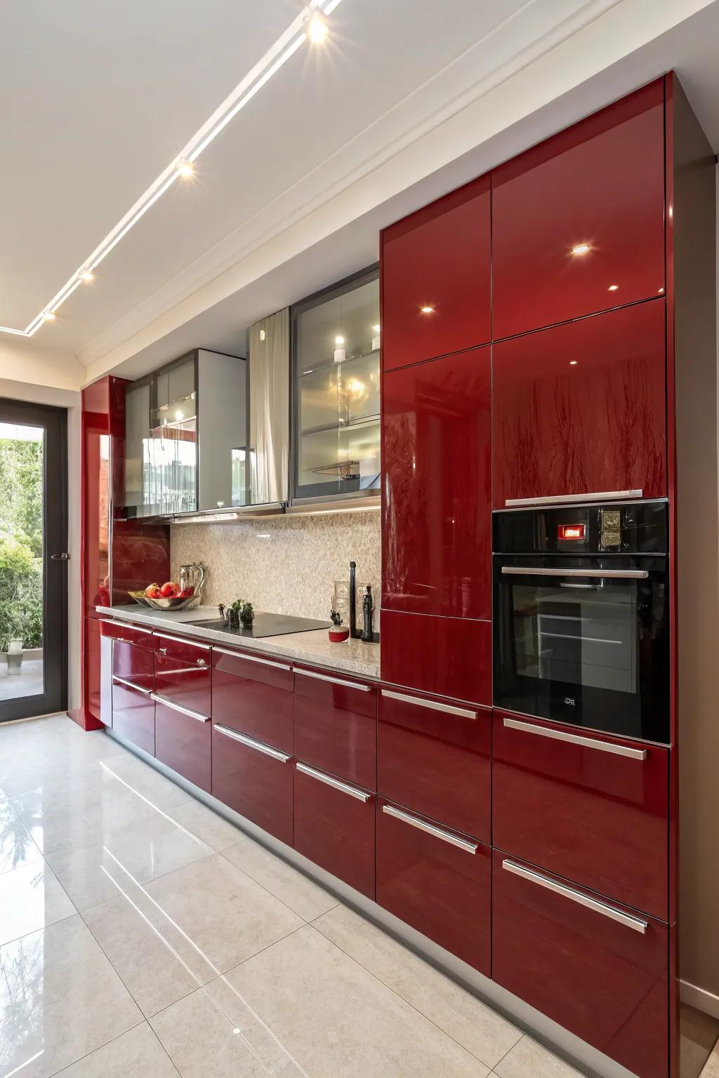 Lustrous scarlet cabinets impart sophistication to the culinary space design.