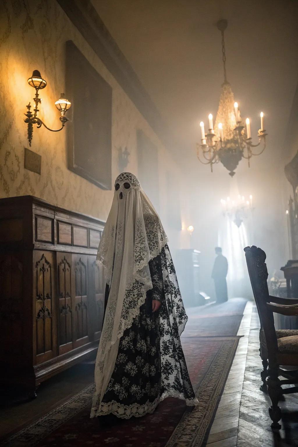 Evoke the intrigue of the Victorian era with a dramatic black and white ghost costume.