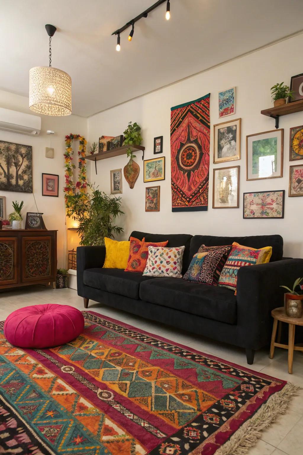 A black couch brought to life with patterns.