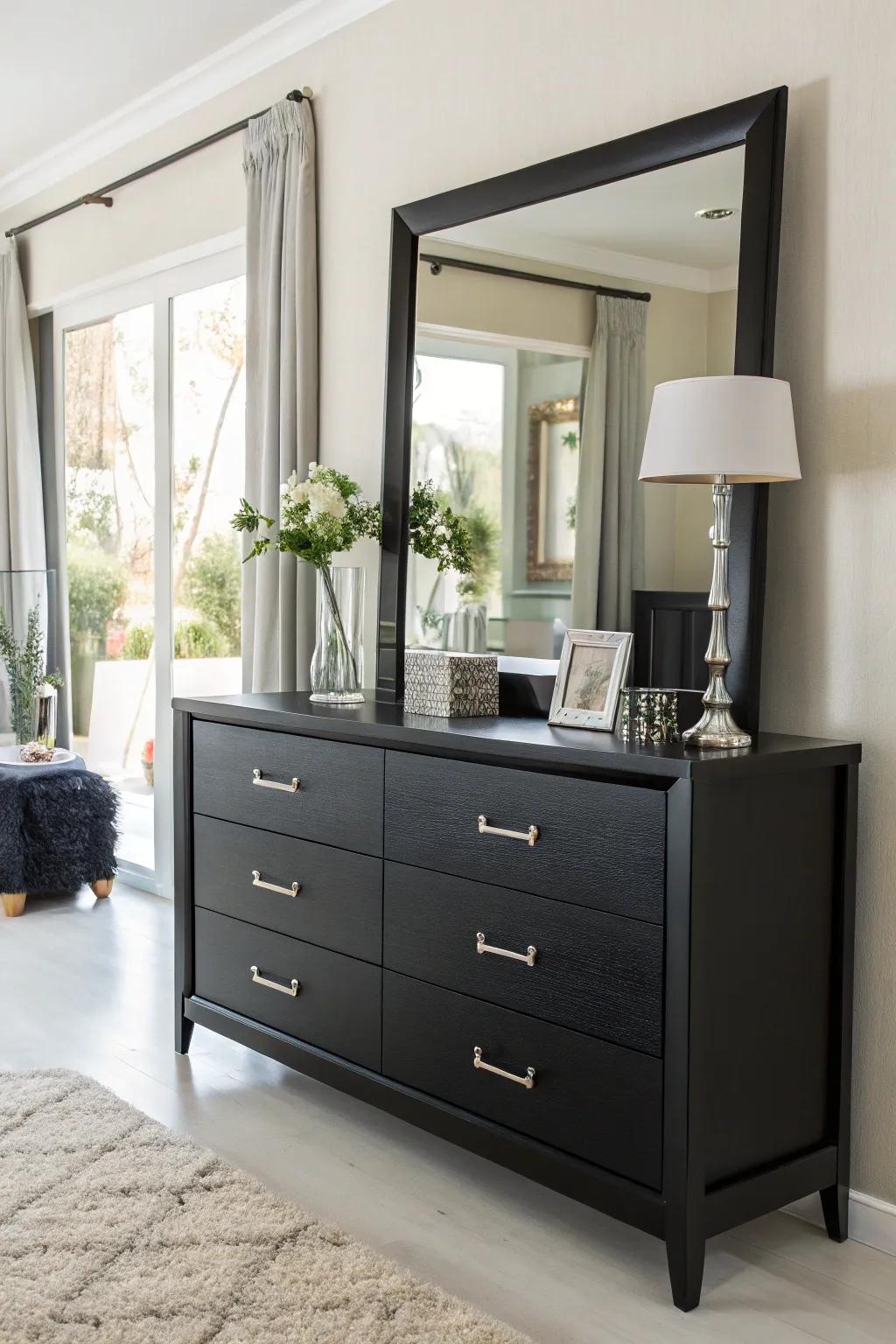 A dark stained dresser enhanced with a stylish mirror.
