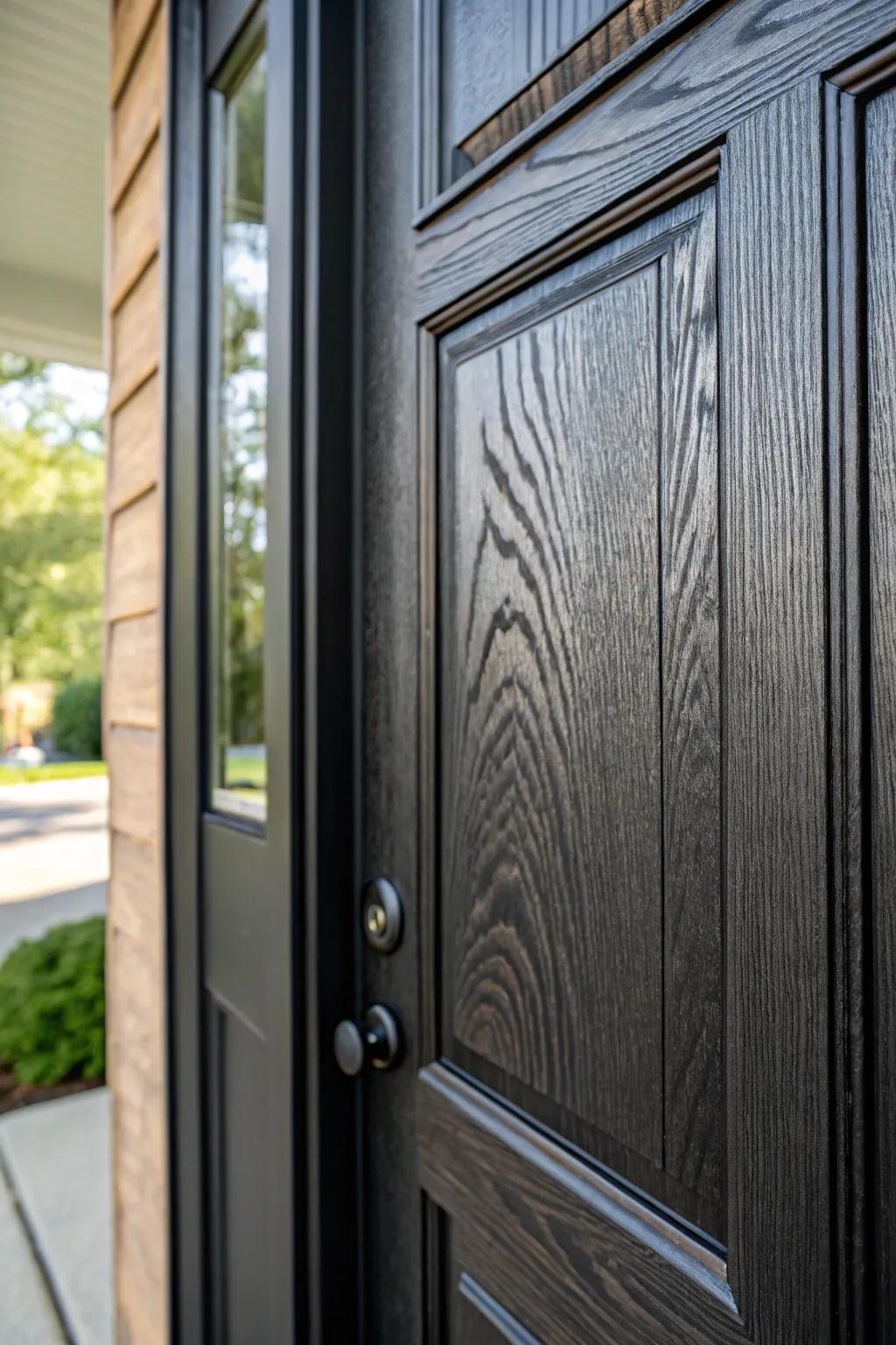 A textured dark-toned woodgrain entrance offering rustic beauty.