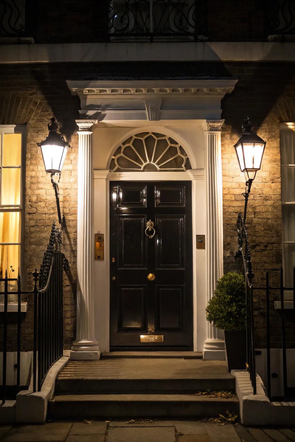 Lantern lighting brings warmth and charm to a black door with white trim.