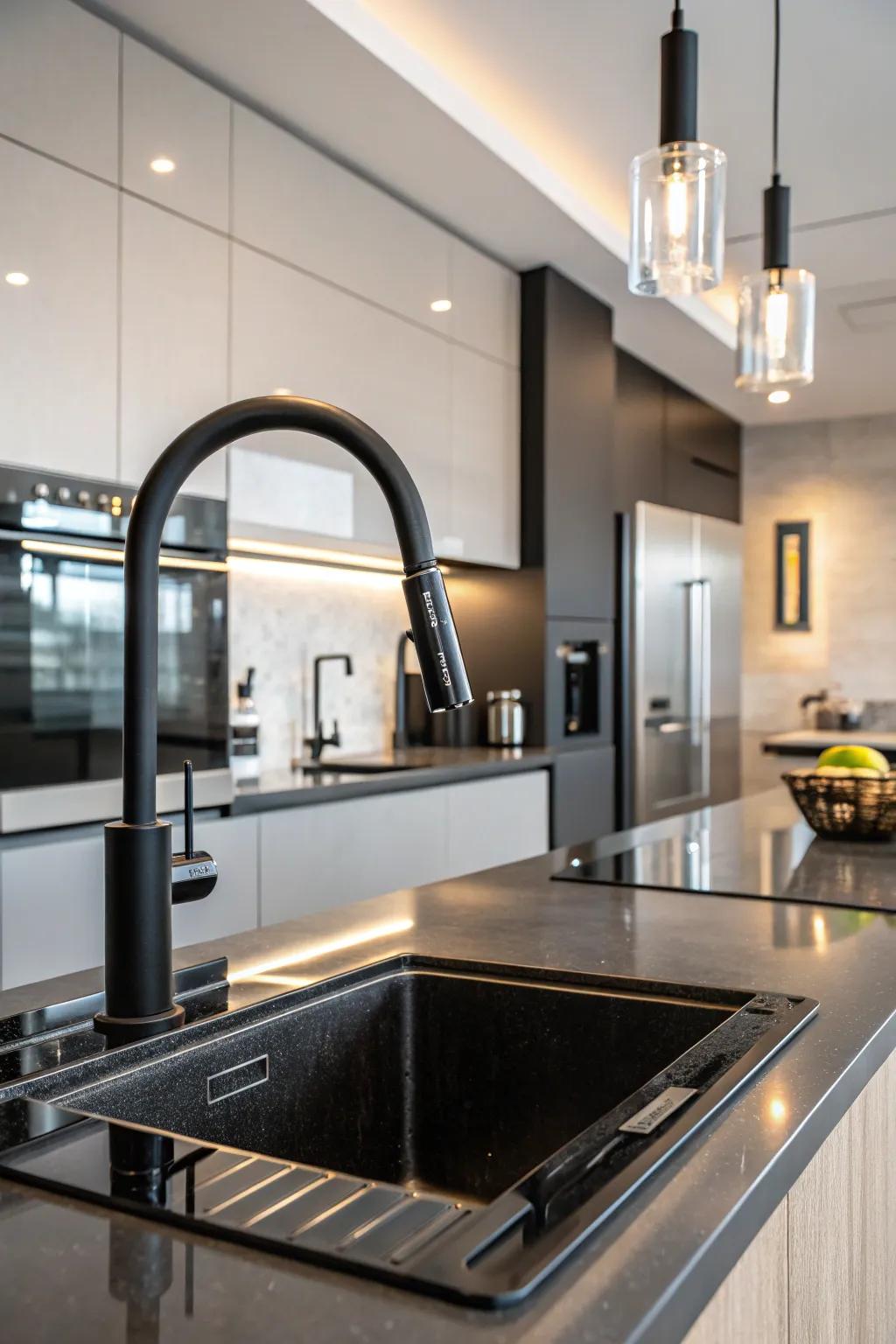 Flat black sophistication complements the clean lines of this modern kitchen.