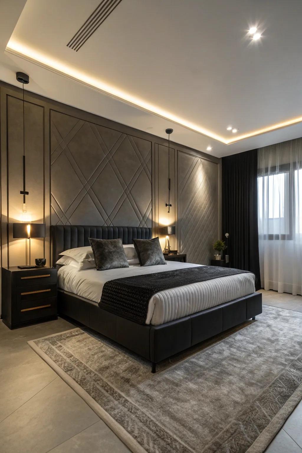 A black bed frame anchors the room's design.