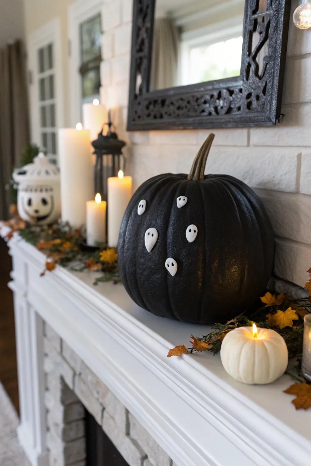 A charming amalgamation of jet gourds and phantom companions for a snug All Hallows' Eve presentation.
