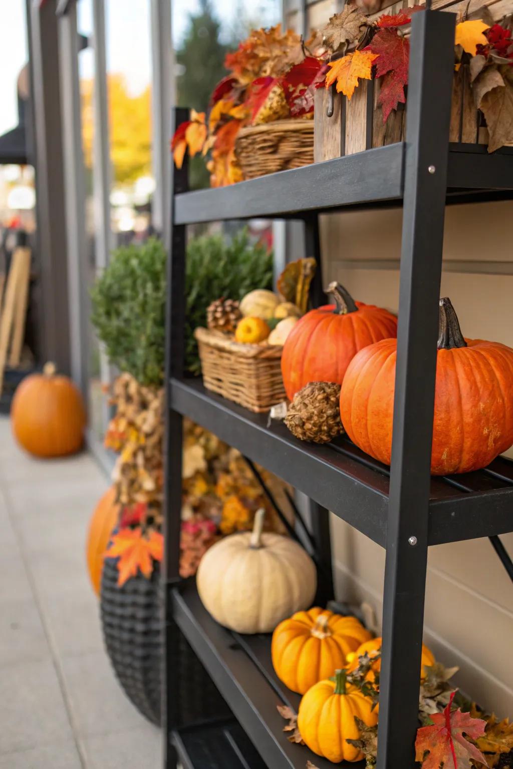 Seasonal decor items representing the current season on a black shelf.