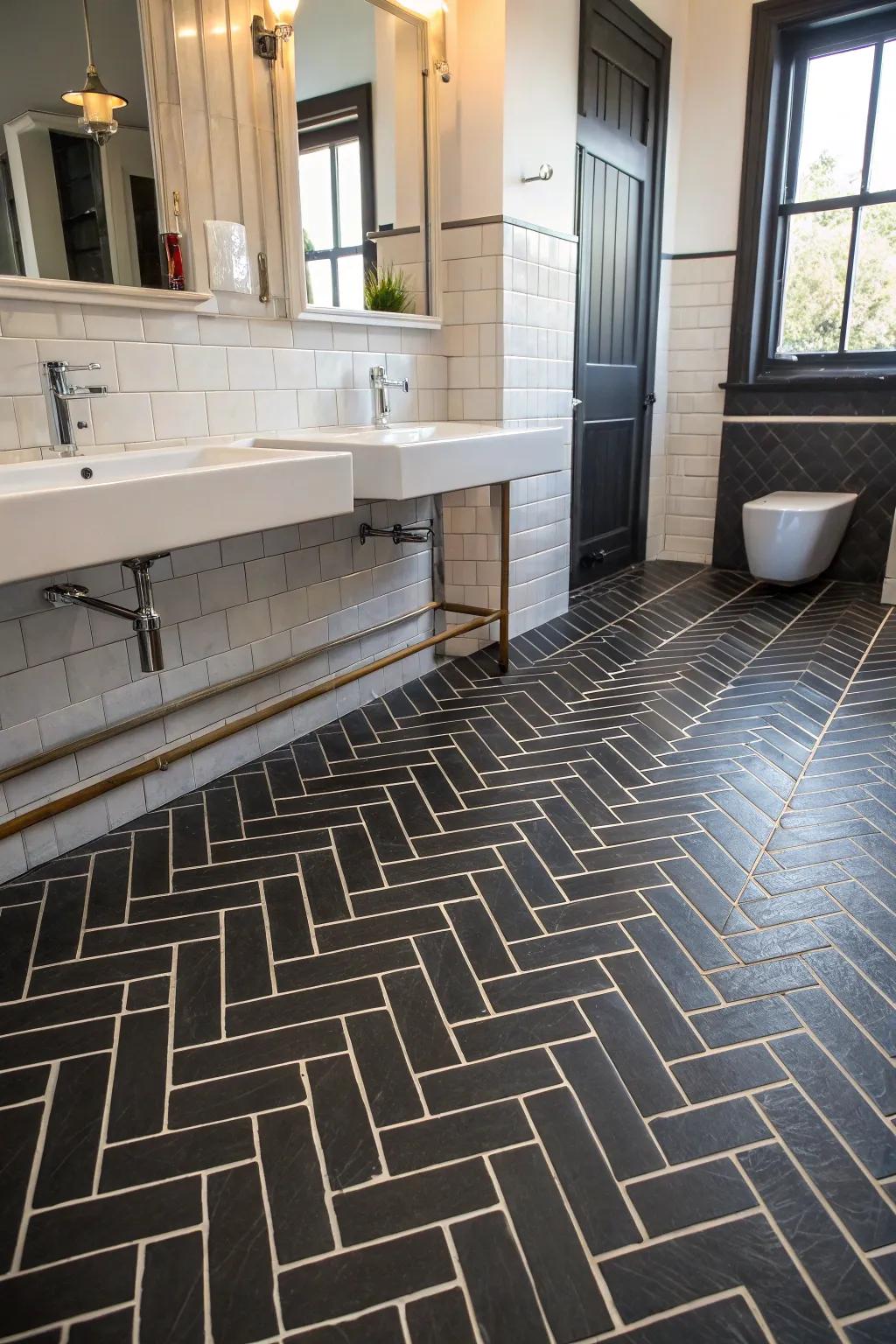 Diagonal patterned panels add movement to the bathroom's design.