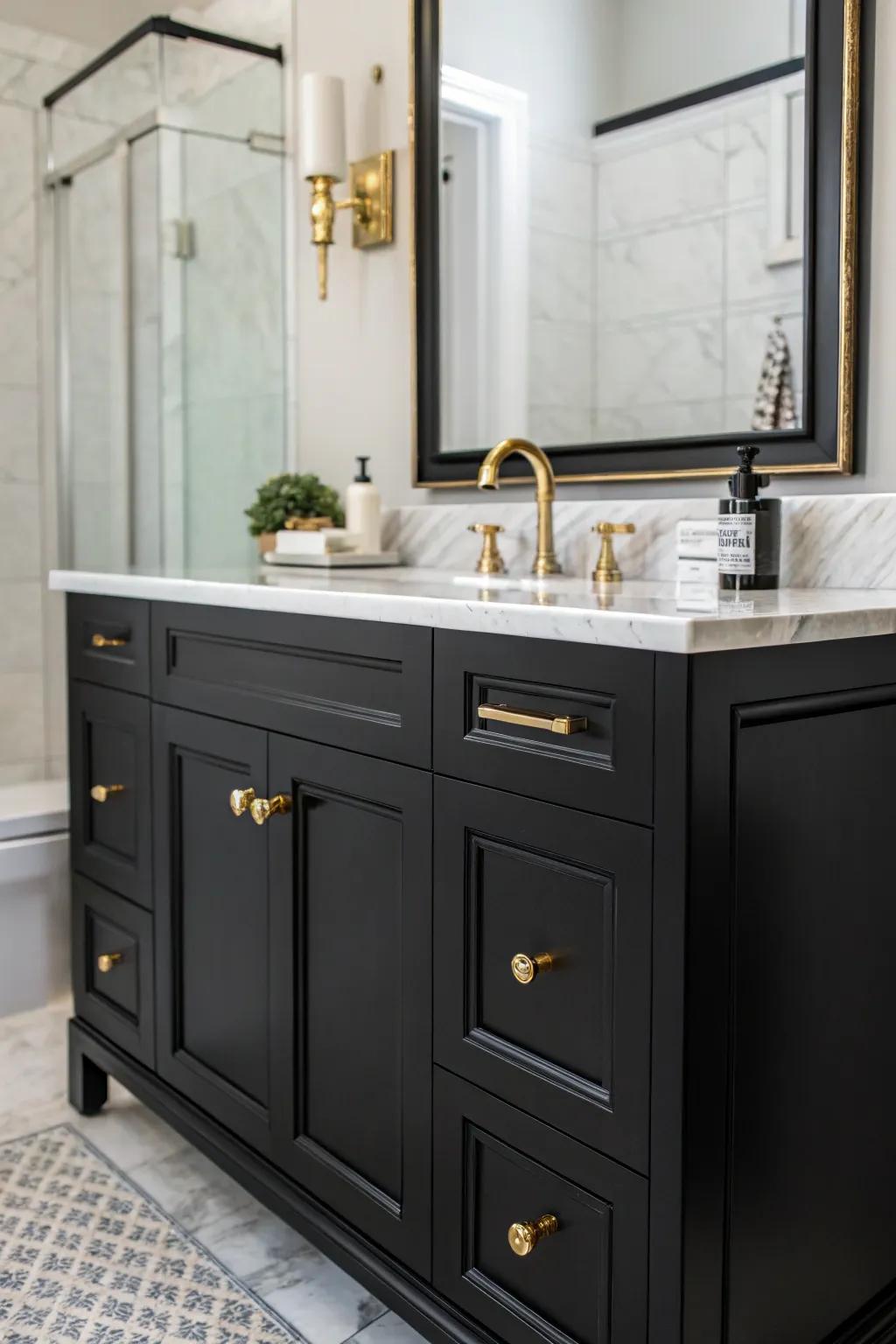 Brass accents elevate a dark vanity with a touch of timeless elegance.