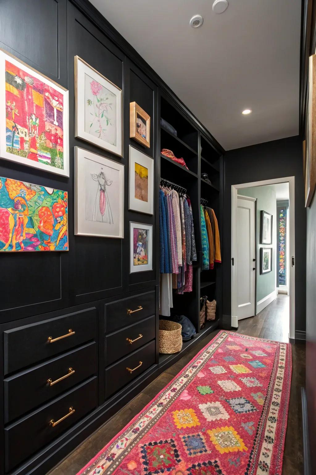 Splashes of color bring vitality and vibrancy to the sophisticated black closet.