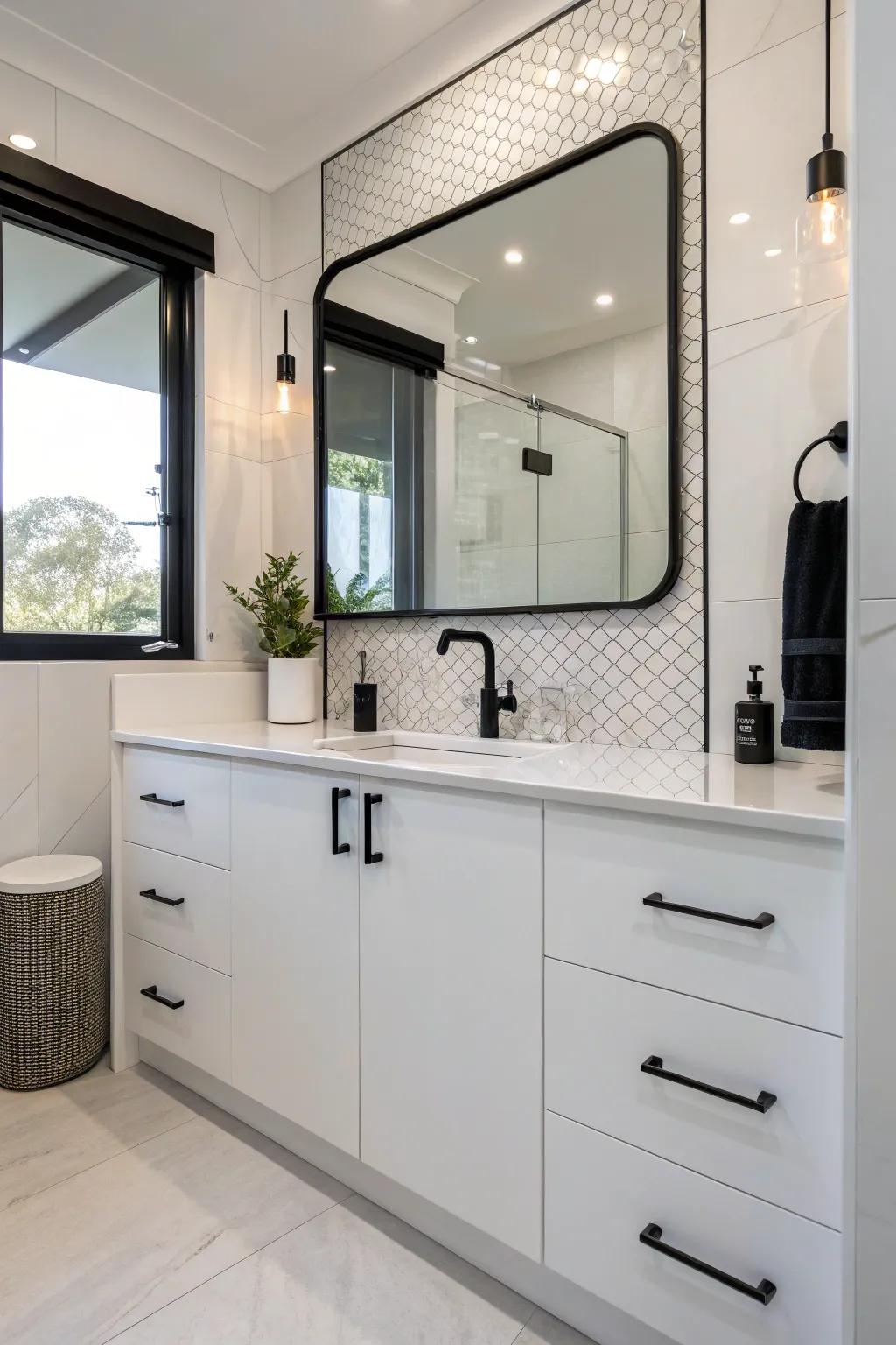 Polished bright shelving enhances the brightness and spaciousness of the bathroom.