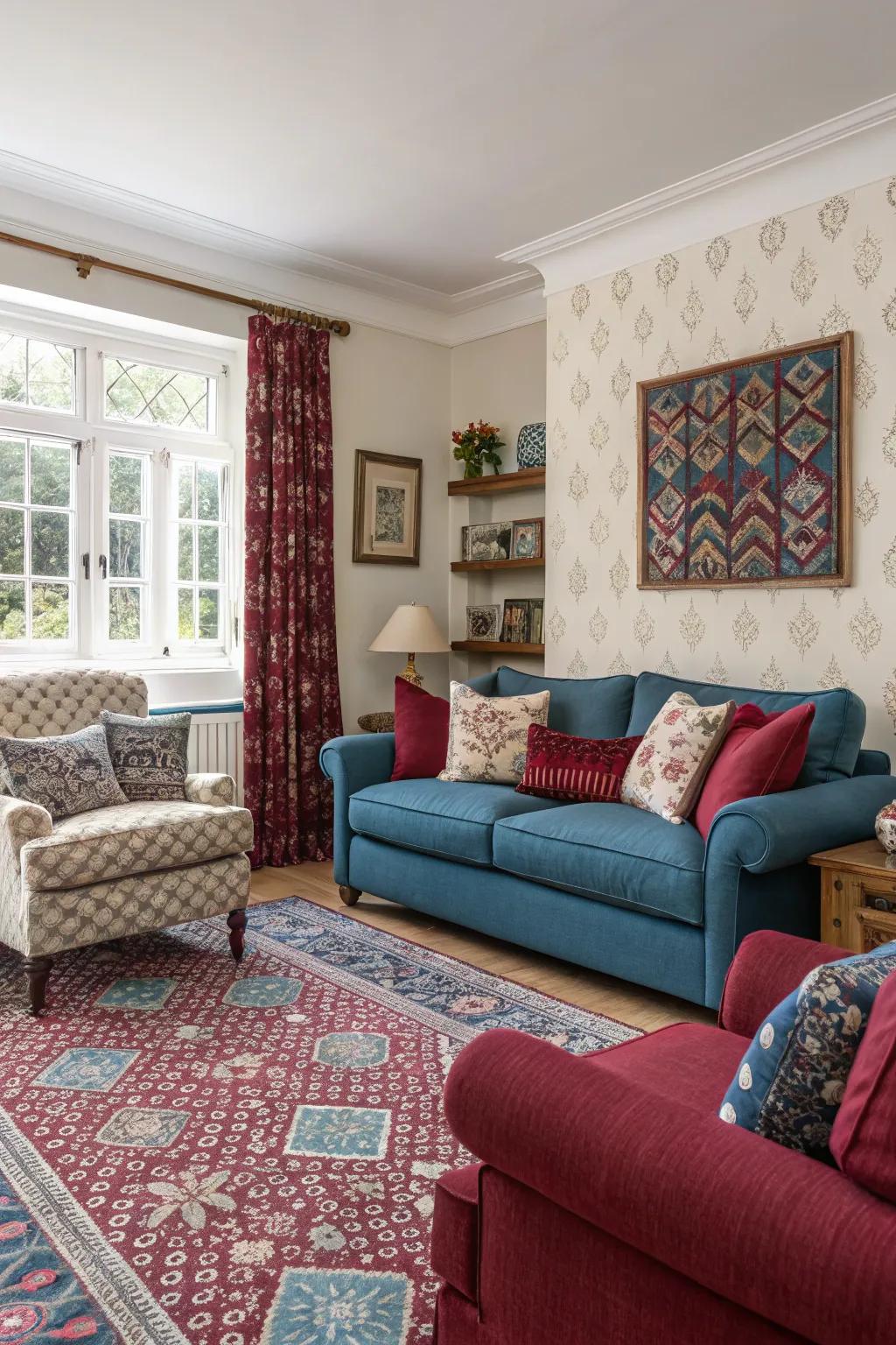 Blending designs in sapphire and wine creates a visually dynamic space.