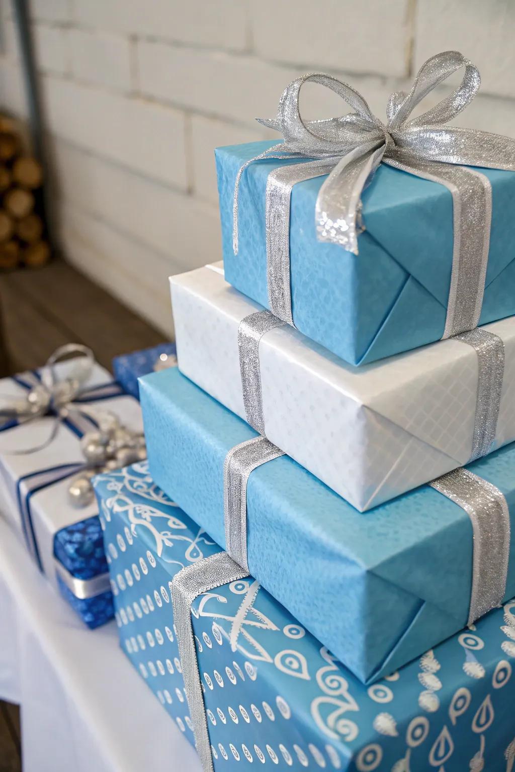 Chic blue and white Christmas gift wrapping