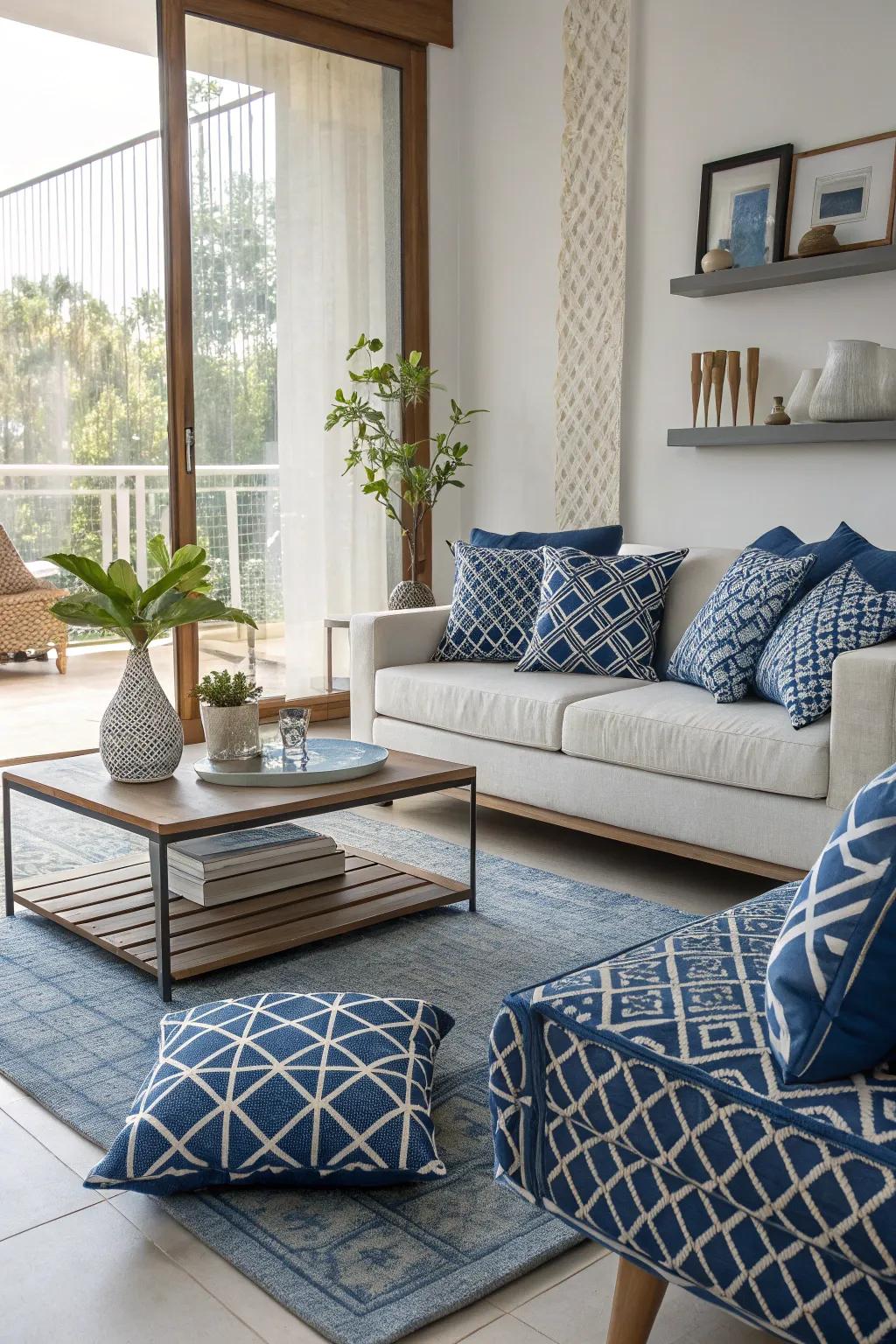 Geometric patterns in blue introduce a modern spin to this fashionable living room.