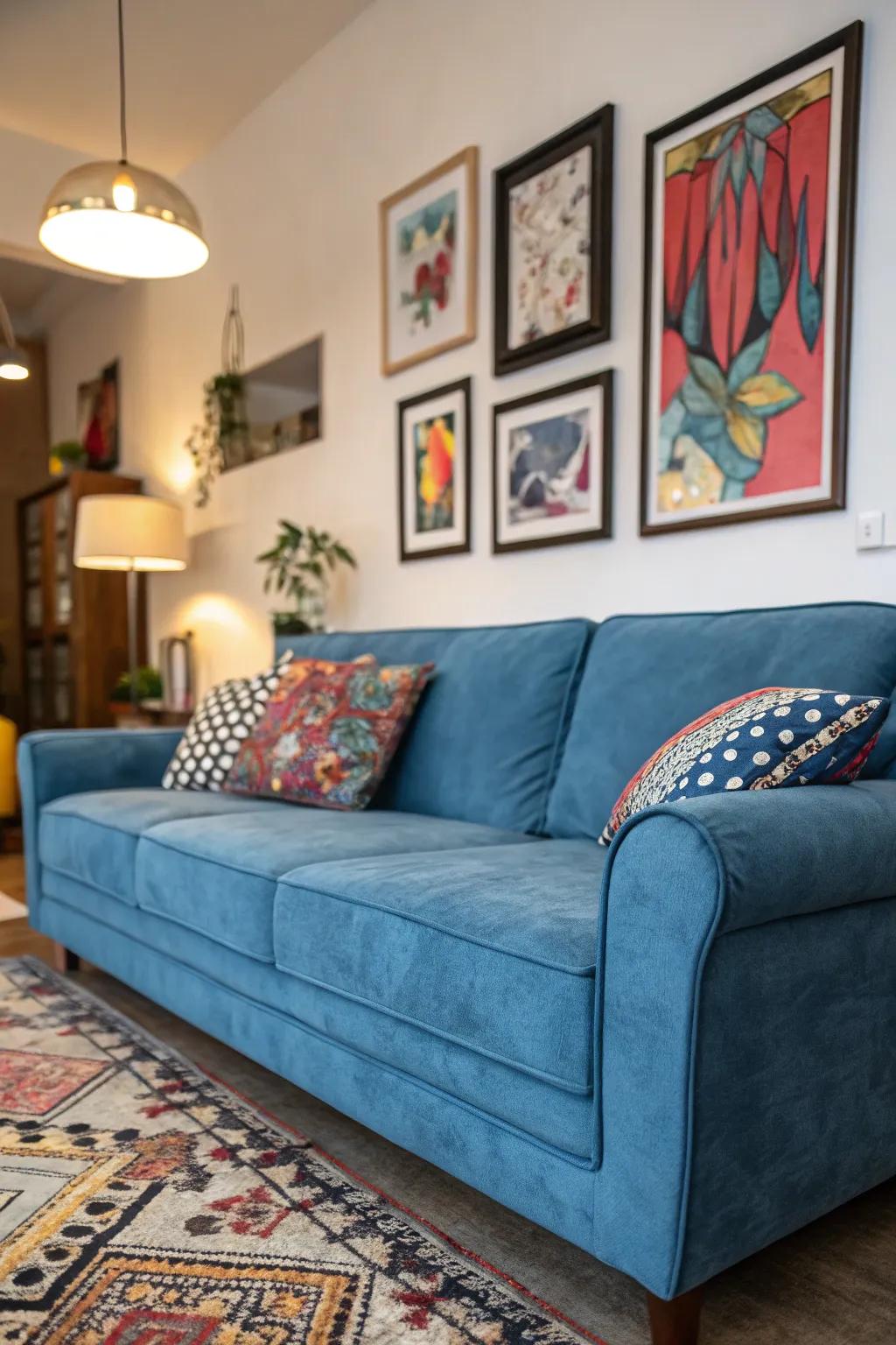 Daring art creates a statement above a blue sofa.