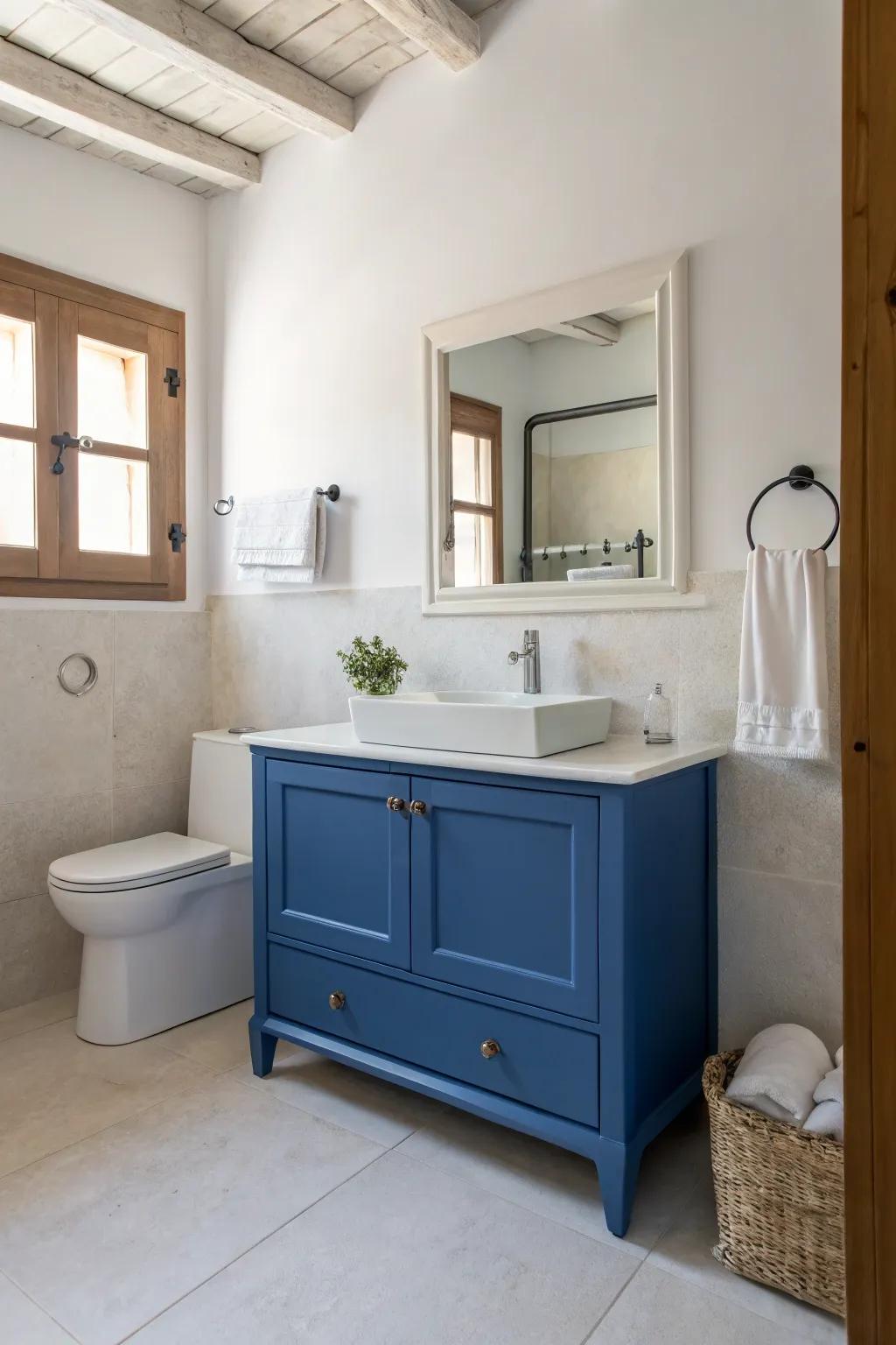 A minimalist blue sink unit creates a serene and uncluttered space.