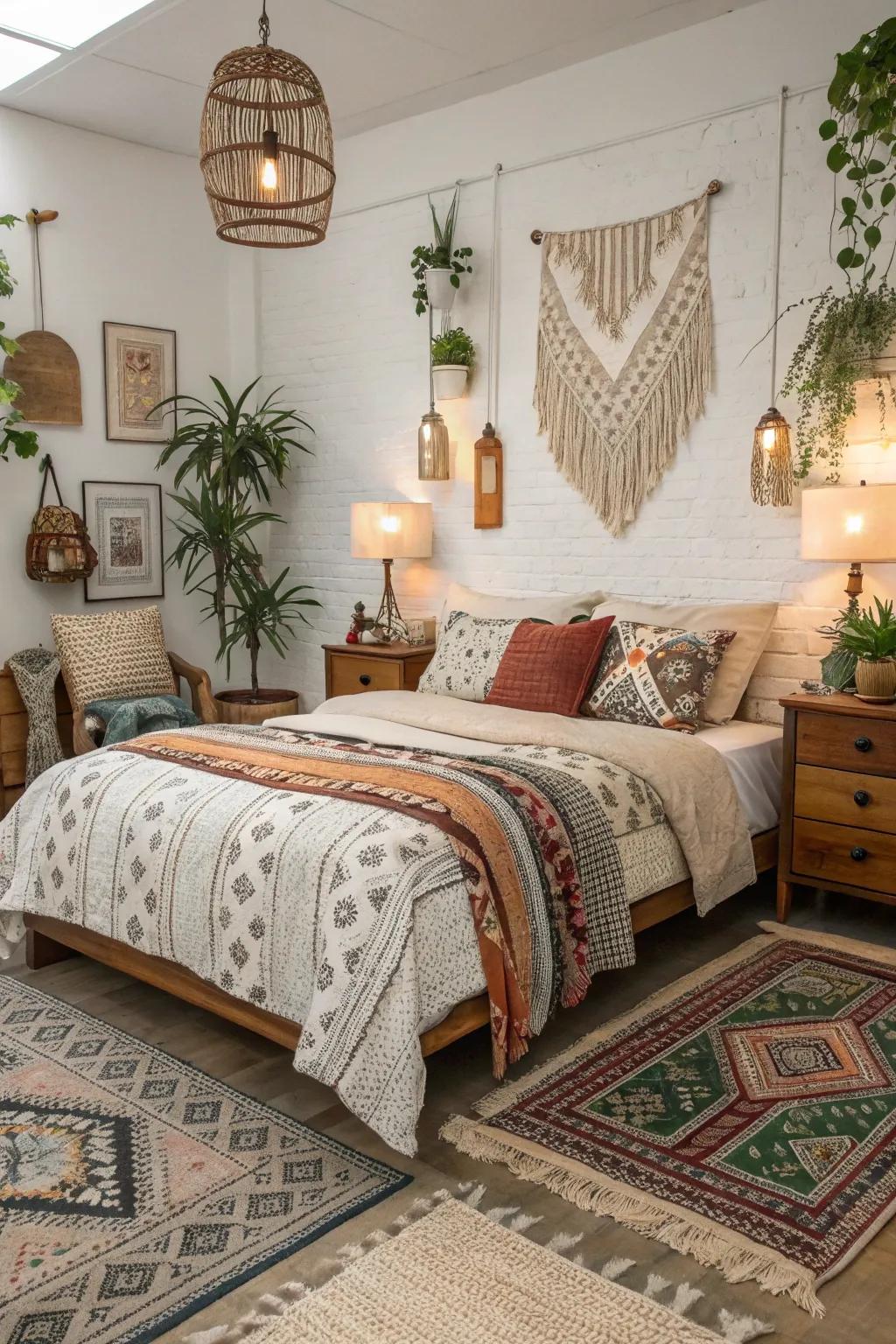 Vintage furnishings and decor add personality and uniqueness to this boho bedroom.